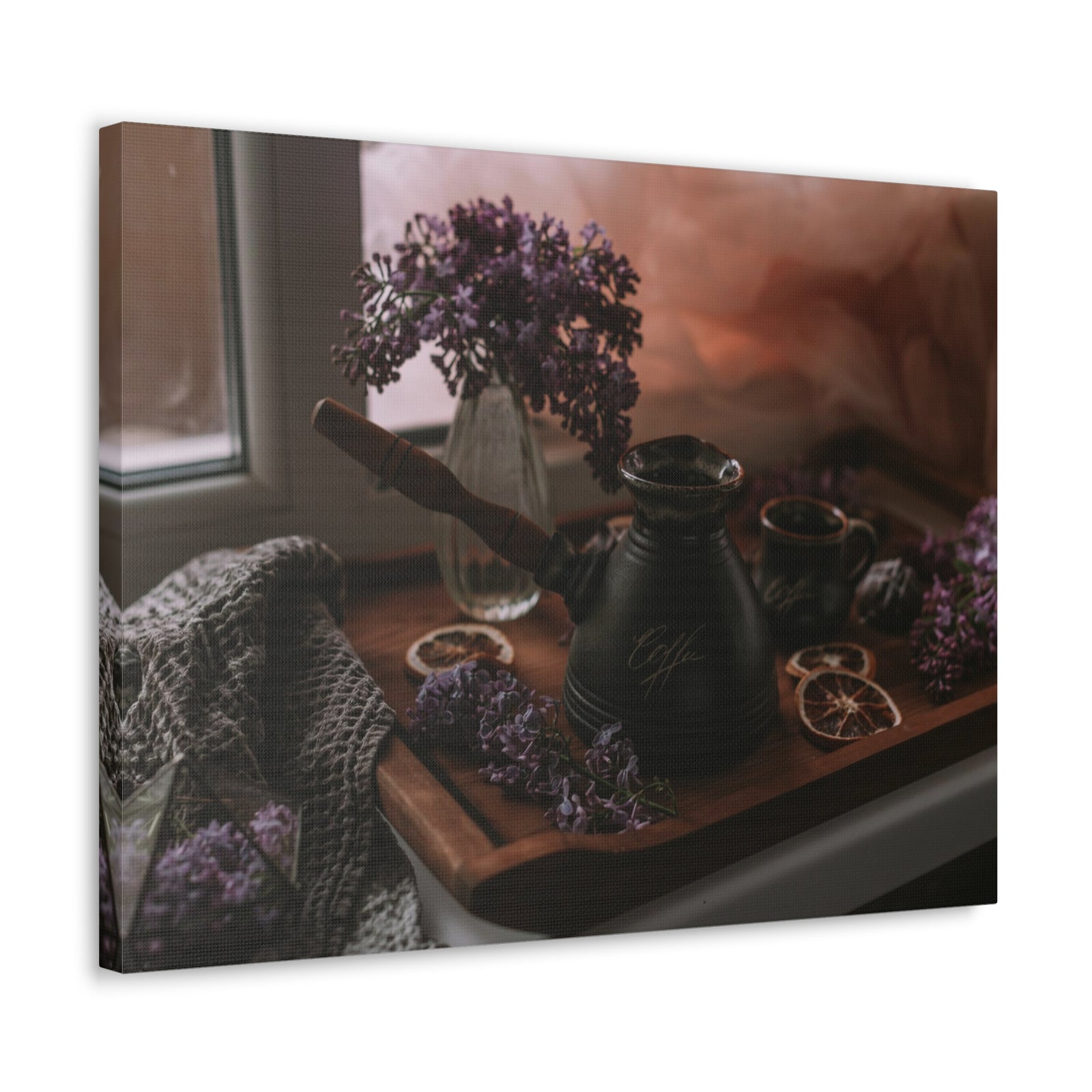 Coffee Chocolate Lilac Flowers On Wooden Tray Rustic Design Canvas Wall Art for Home Decor Ready-to-Hang-Express Your Love Gifts