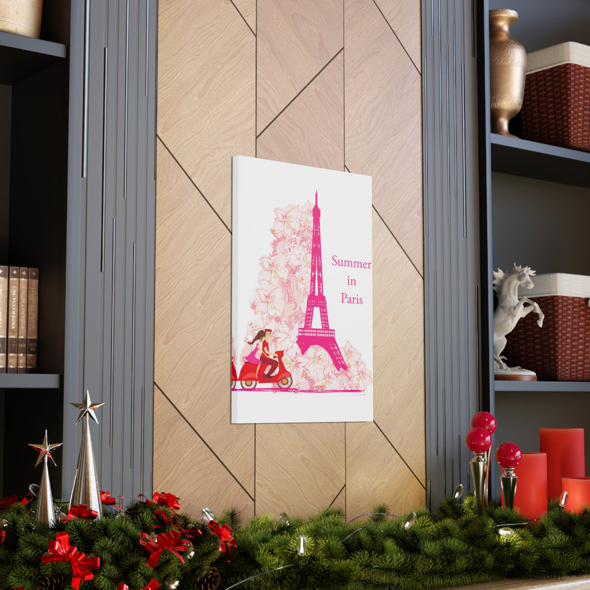 Pink Eiffel Tower Couple On Scooter Paris France Canvas Artwork High-Quality Breathtaking French City for Home Decor Ready to Hang-Express Your Love Gifts