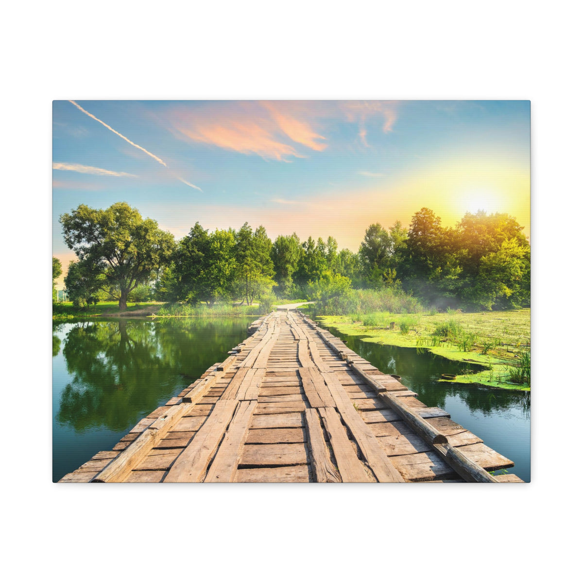 Lake at Dawn Wooden Bridge Nature Wilderness Photography Canvas Wall Art for Home Decor Ready-to-Hang-Express Your Love Gifts