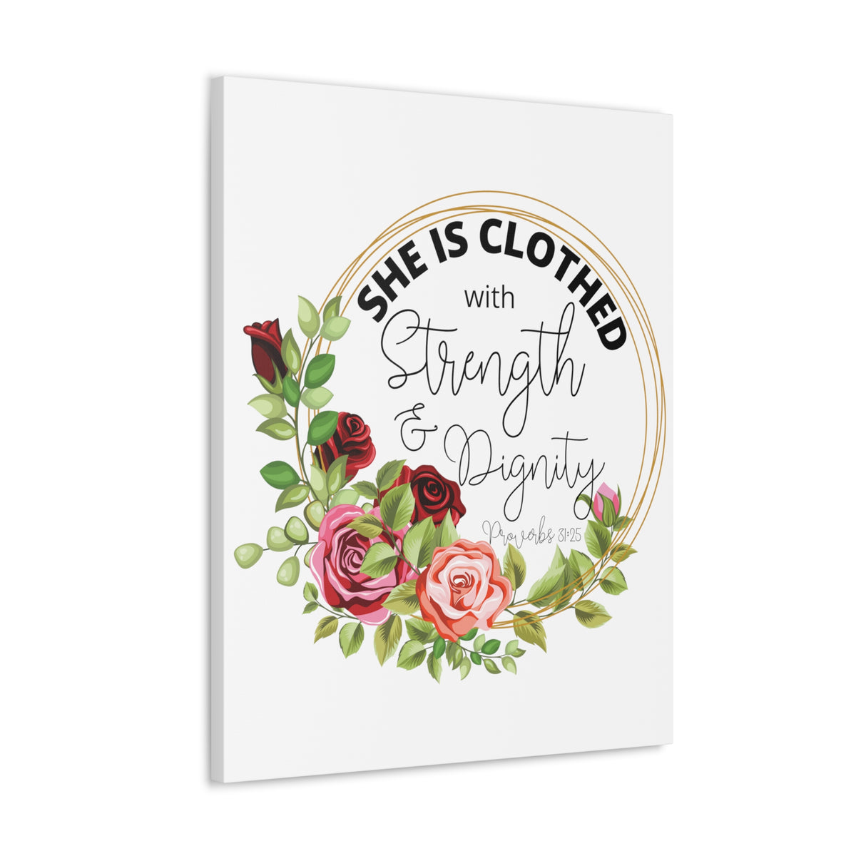 Scripture Walls Proverbs 31:25 Strength and Dignity Floral Wreath Bible Verse Canvas Christian Wall Art Ready to Hang Unframed-Express Your Love Gifts