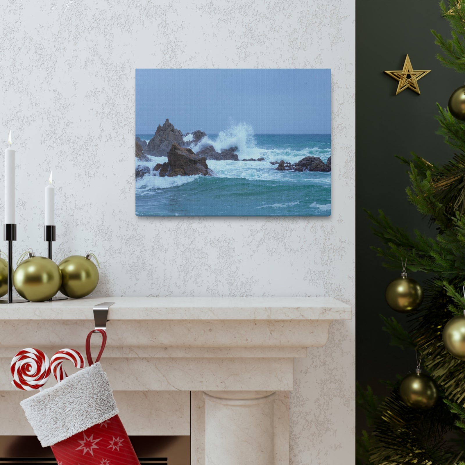 Sea Waves Crash Against Rocks Large Splashes Ocean Canvas Wall Art for Home Decor Ready-to-Hang-Express Your Love Gifts