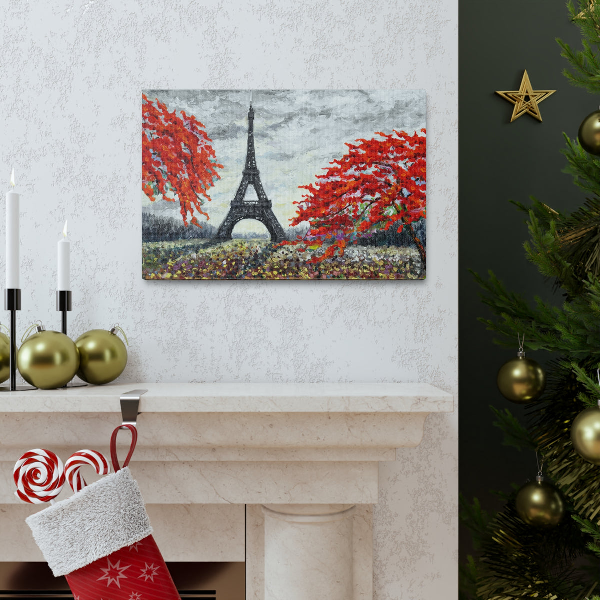 Eiffel Tower Red Tree Paris France Canvas Artwork High-Quality Breathtaking French City for Home Decor Ready to Hang-Express Your Love Gifts