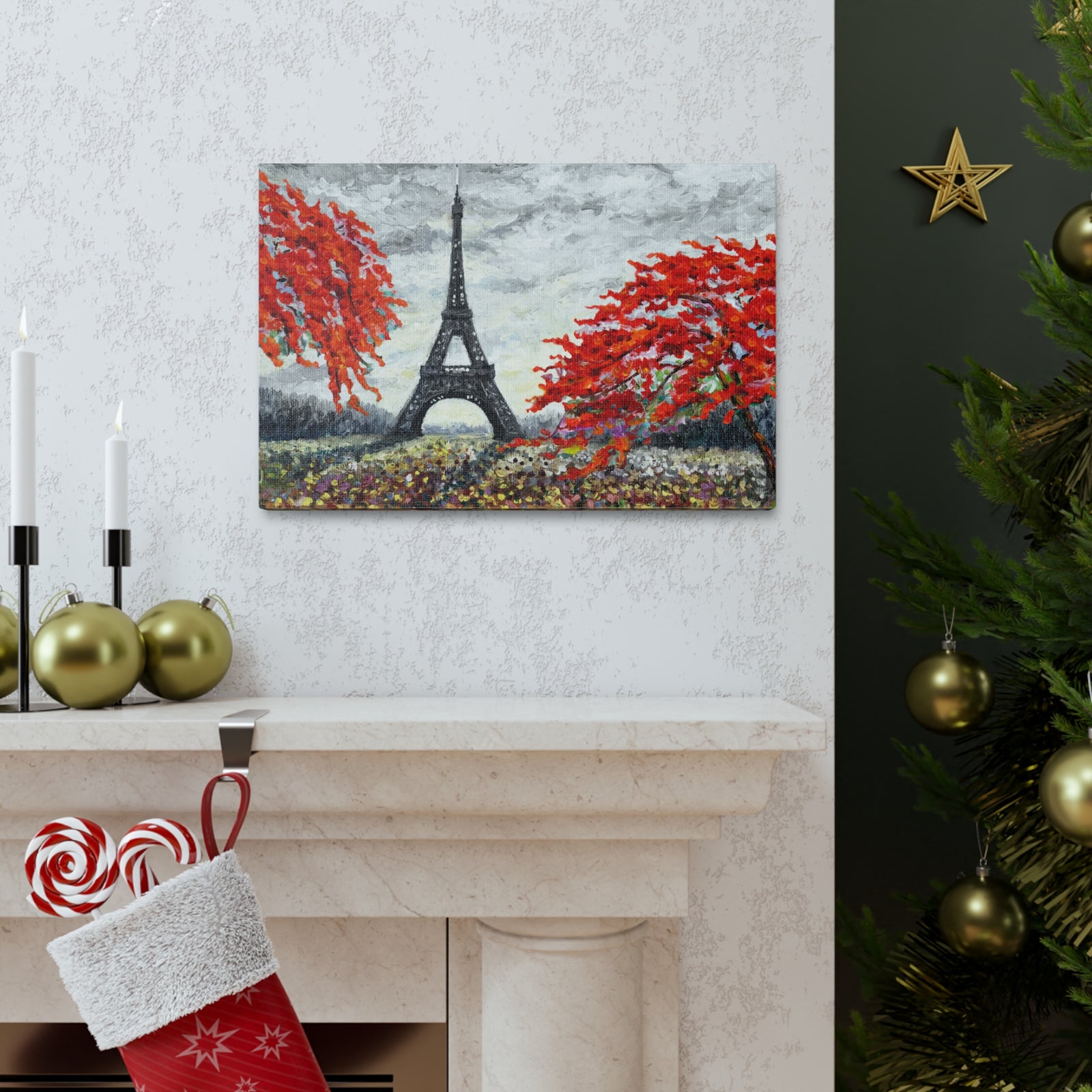Eiffel Tower Red Tree Paris France Canvas Artwork High-Quality Breathtaking French City for Home Decor Ready to Hang-Express Your Love Gifts