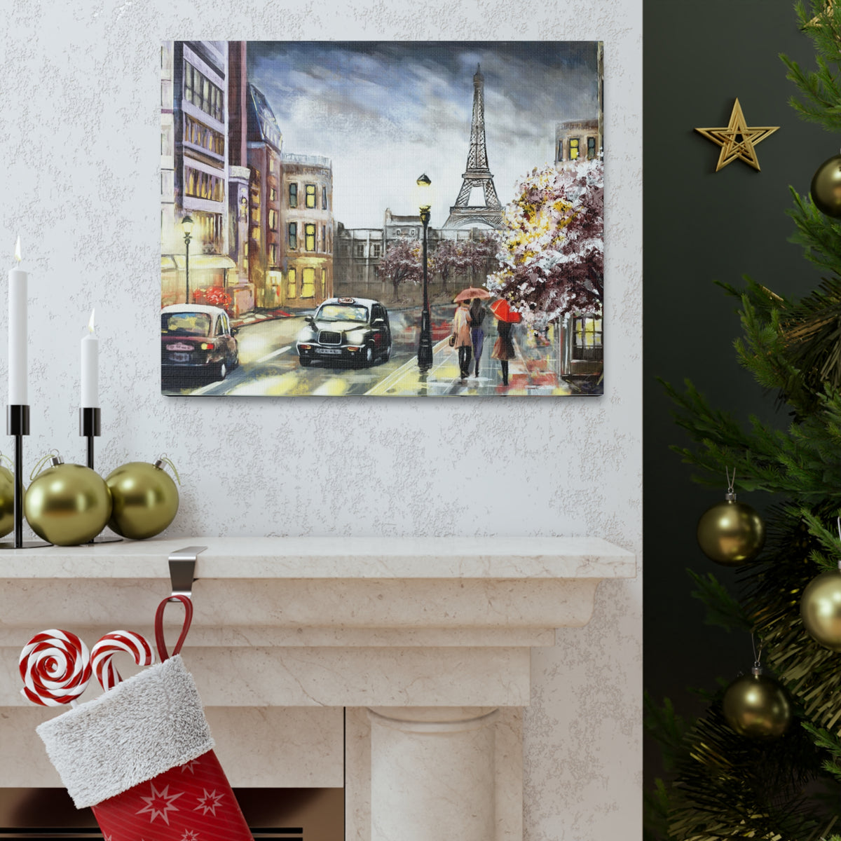 Paris Couple Red Umbrella France Canvas Artwork High-Quality Breathtaking French City for Home Decor Ready to Hang-Express Your Love Gifts