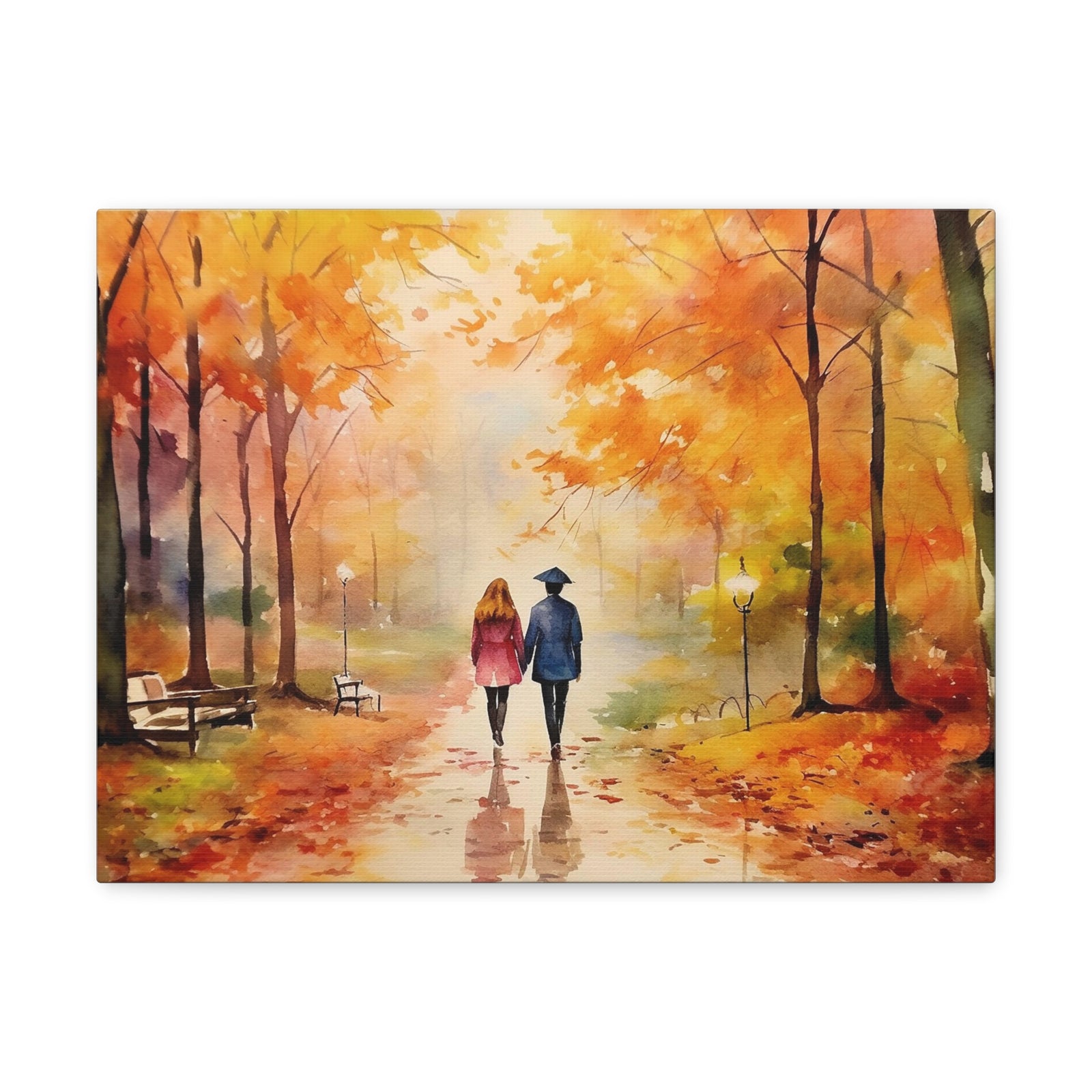 Couple Holding Hands Walking Natural Landscape Watercolor Painting Canvas Wall Art for Home Decor Ready-to-Hang-Express Your Love Gifts