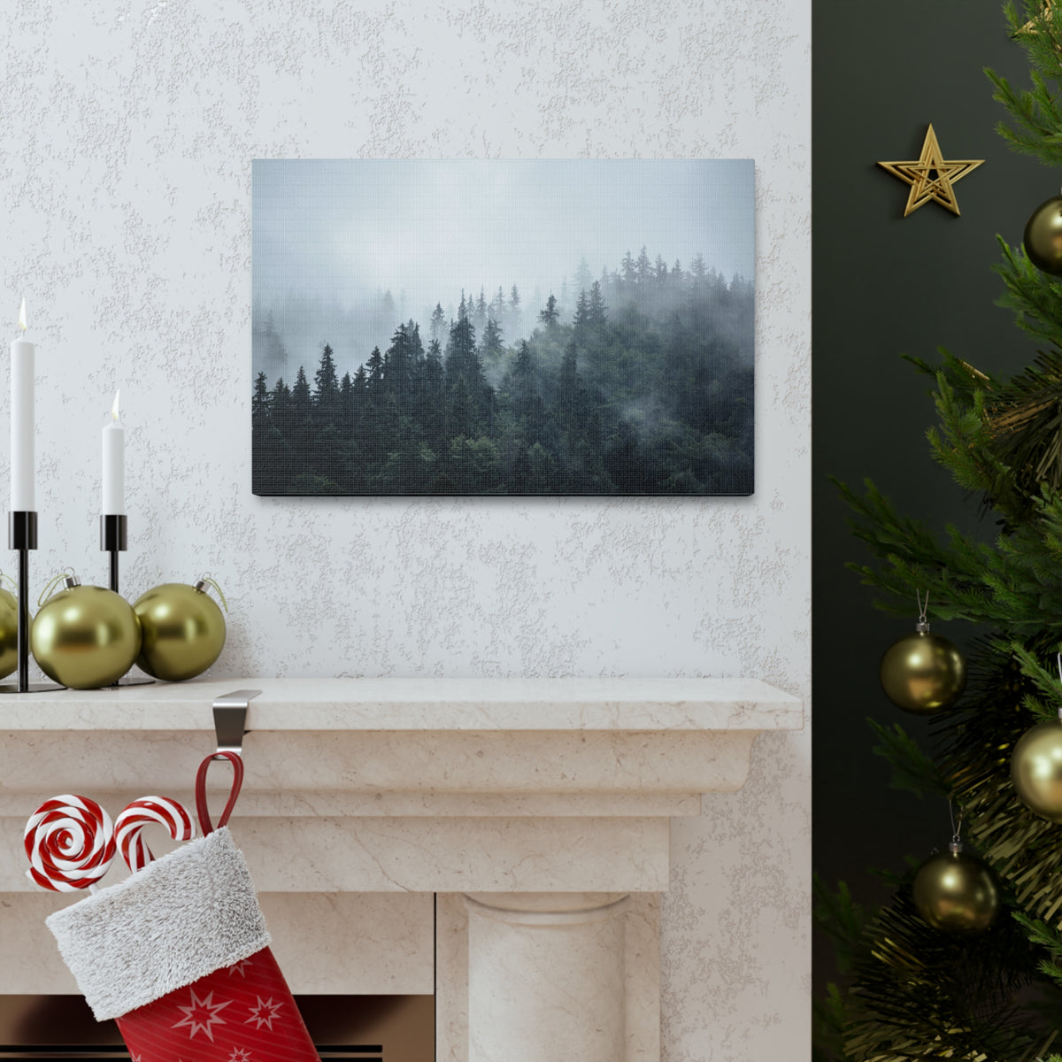 Foggy Pine Tree Green Forest Nature Wilderness Photography Canvas Wall Art for Home Decor Ready-to-Hang-Express Your Love Gifts