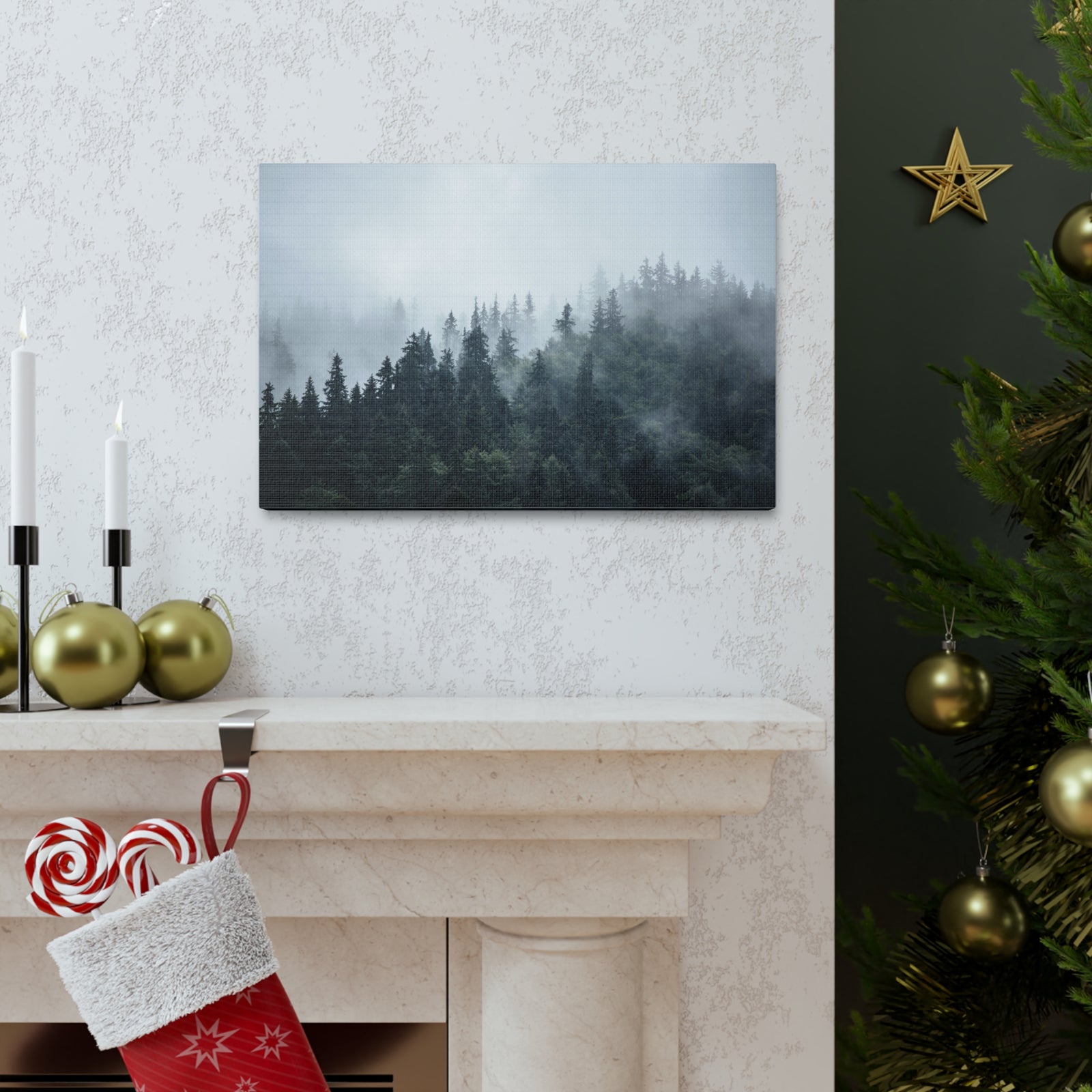 Foggy Pine Tree Green Forest Nature Wilderness Photography Canvas Wall Art for Home Decor Ready-to-Hang-Express Your Love Gifts