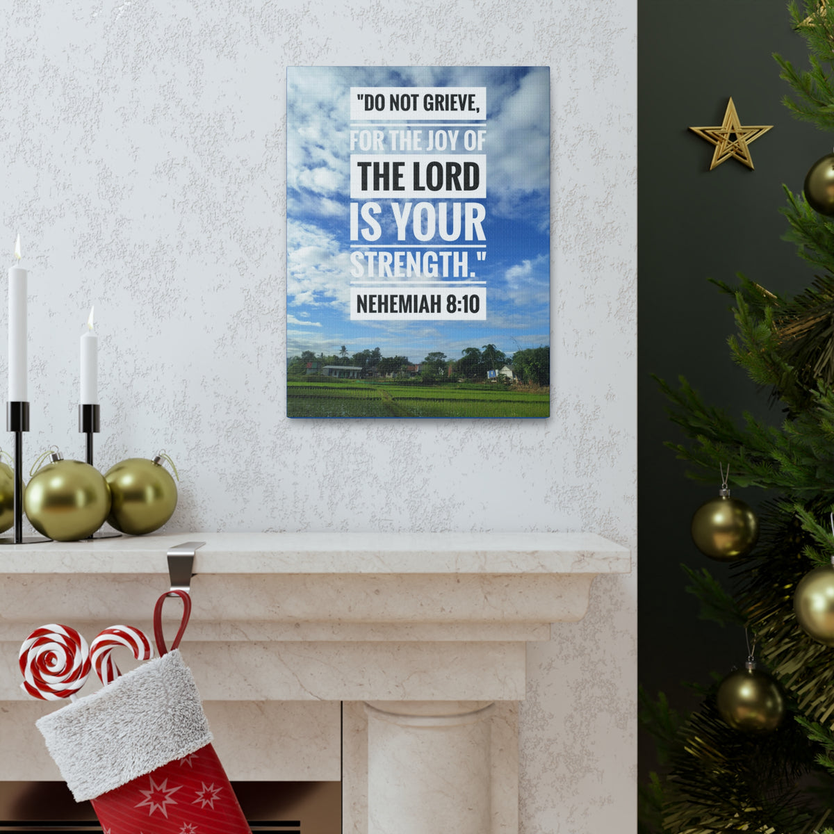 Scripture Canvas The Joy Of The Lord Nehemiah 8:10 Christian Wall Art Bible Verse Print Ready to Hang-Express Your Love Gifts