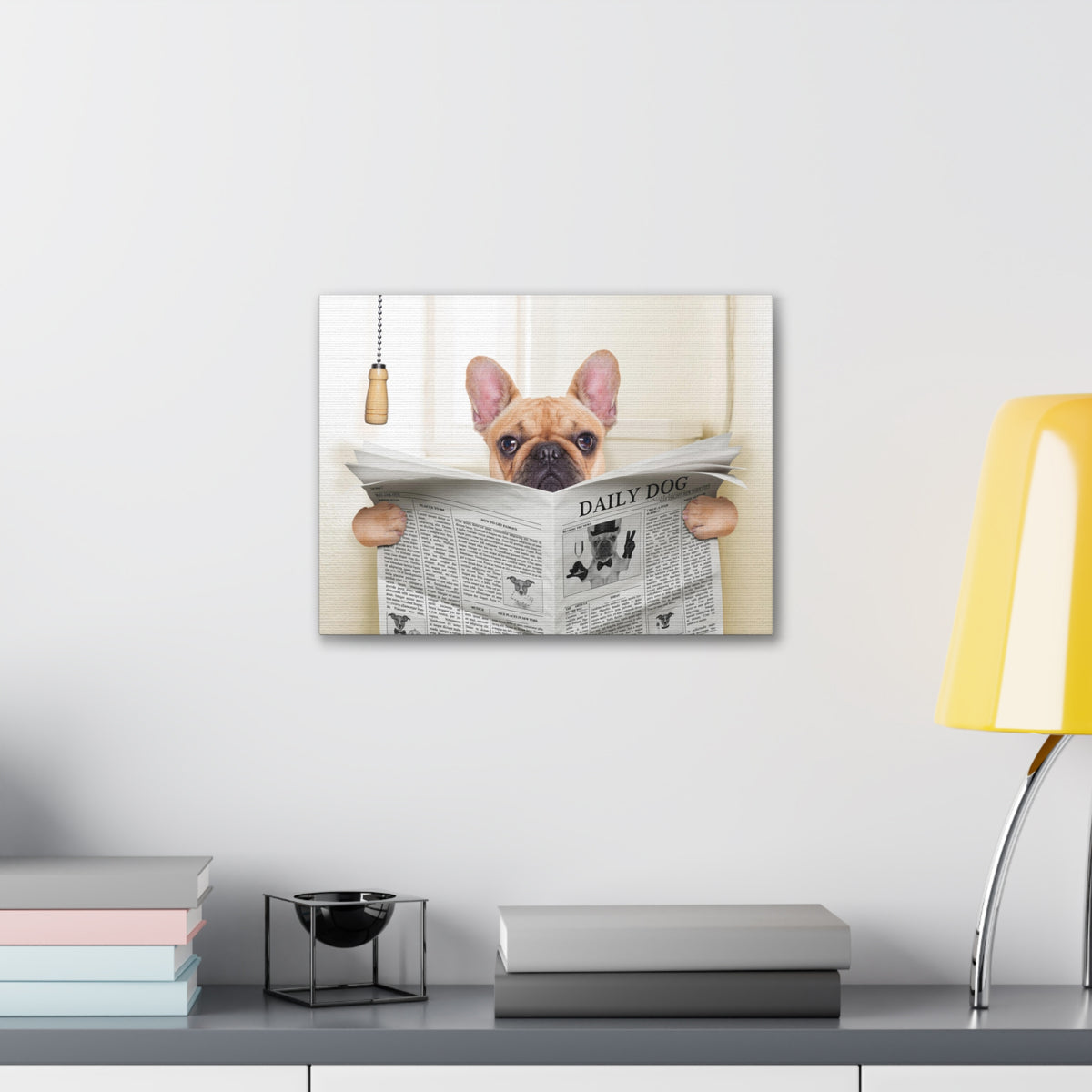Fawn French Bulldog Reading Newspaper On Toilet Funny Canvas Wall Art for Home Decor Ready-to-Hand-Express Your Love Gifts