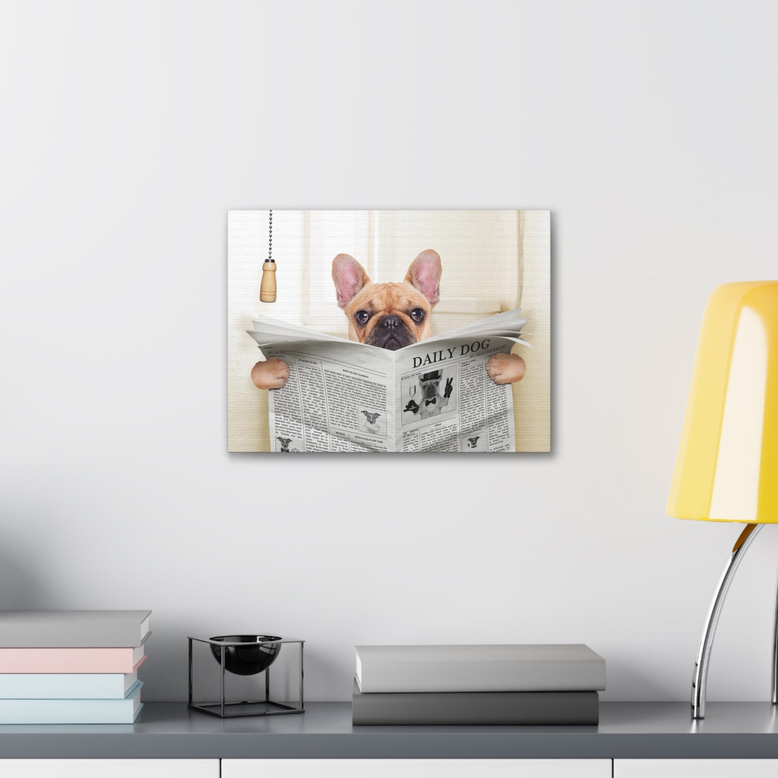 Fawn French Bulldog Reading Newspaper On Toilet Funny Canvas Wall Art for Home Decor Ready-to-Hand-Express Your Love Gifts