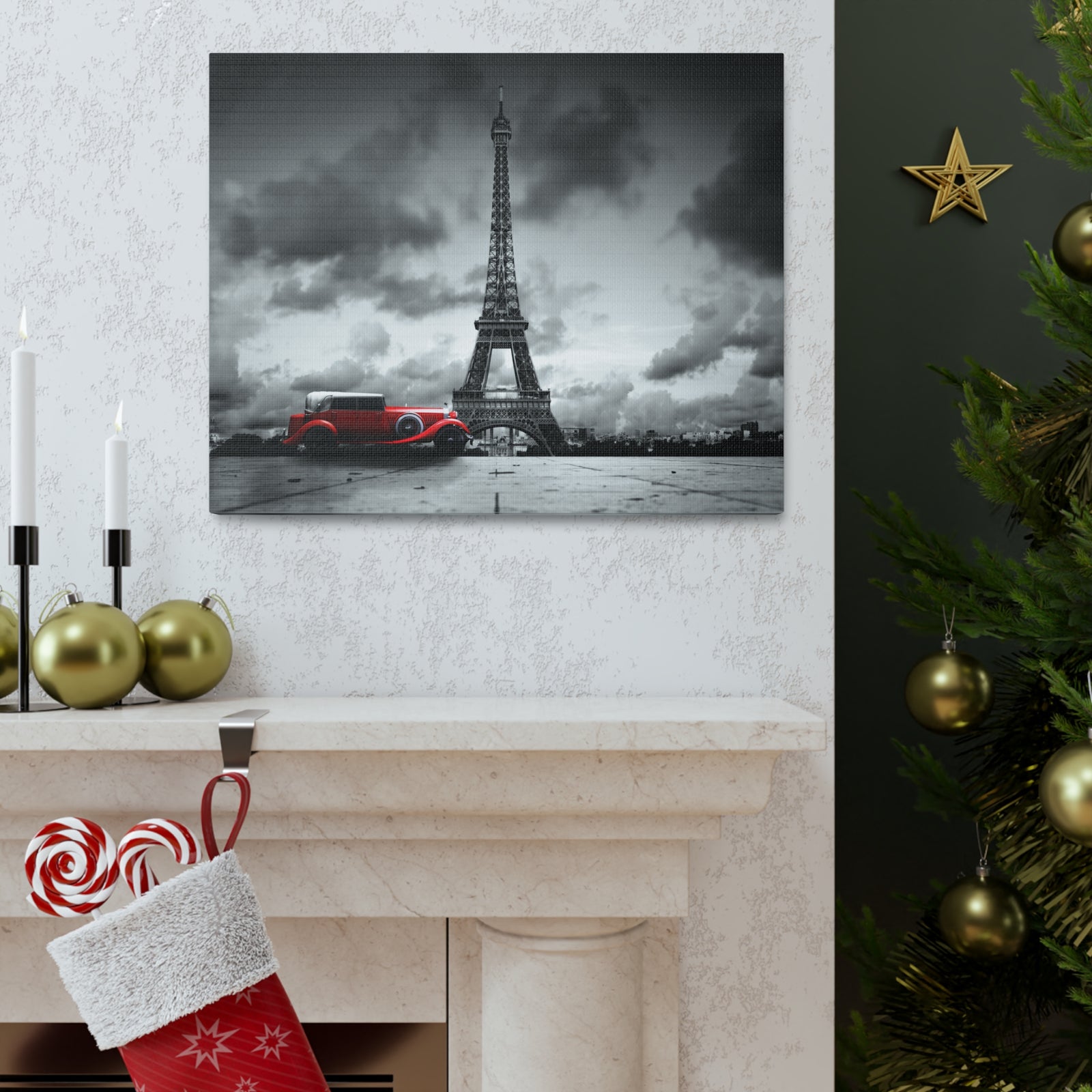Eiffel Tower Skyline Black White Rain Red Umbrella Canvas Artwork High-Quality Breathtaking Stunning Cityscape for Home Decor Ready to Hang-Express Your Love Gifts