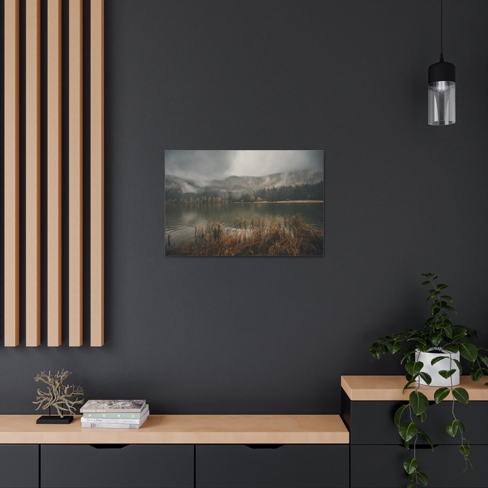 Misty Mountain Lake Reflection Nature Wilderness Photography Canvas Wall Art for Home Decor Ready-to-Hang-Express Your Love Gifts