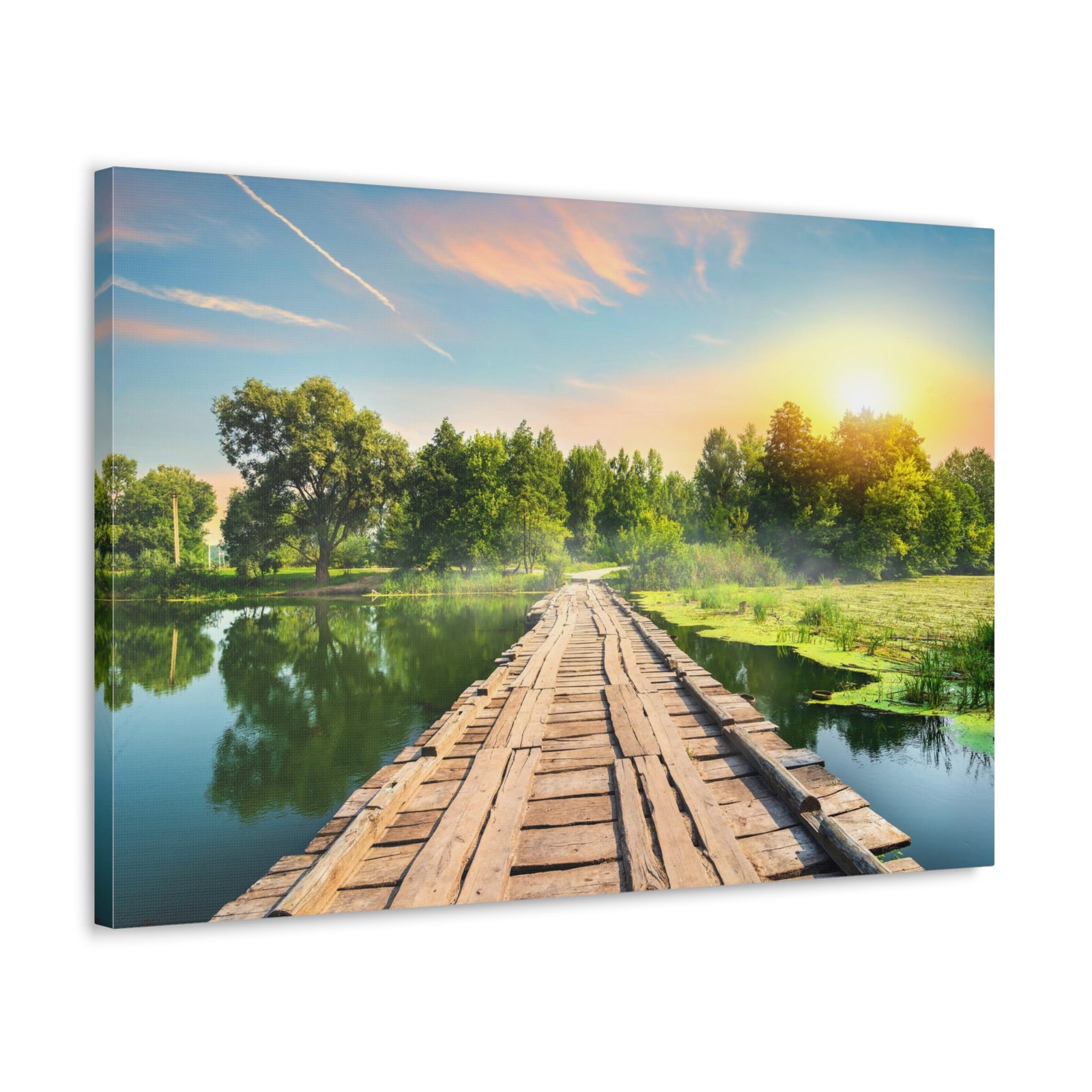 Lake at Dawn Wooden Bridge Nature Wilderness Photography Canvas Wall Art for Home Decor Ready-to-Hang-Express Your Love Gifts