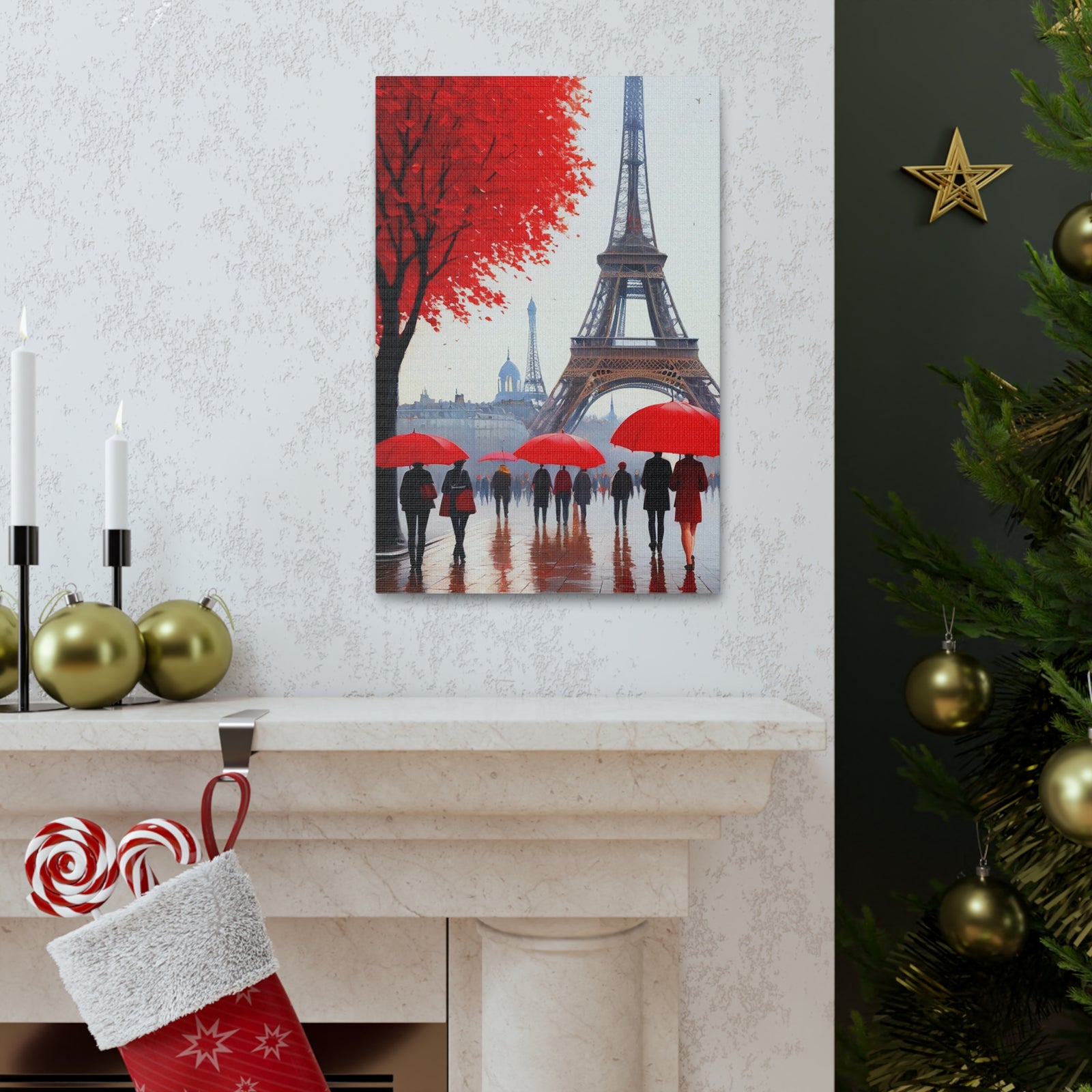 Paris Eiffel Tower Crowd With Red Umbrella France Canvas Artwork High-Quality Breathtaking French City for Home Decor Ready to Hang-Express Your Love Gifts
