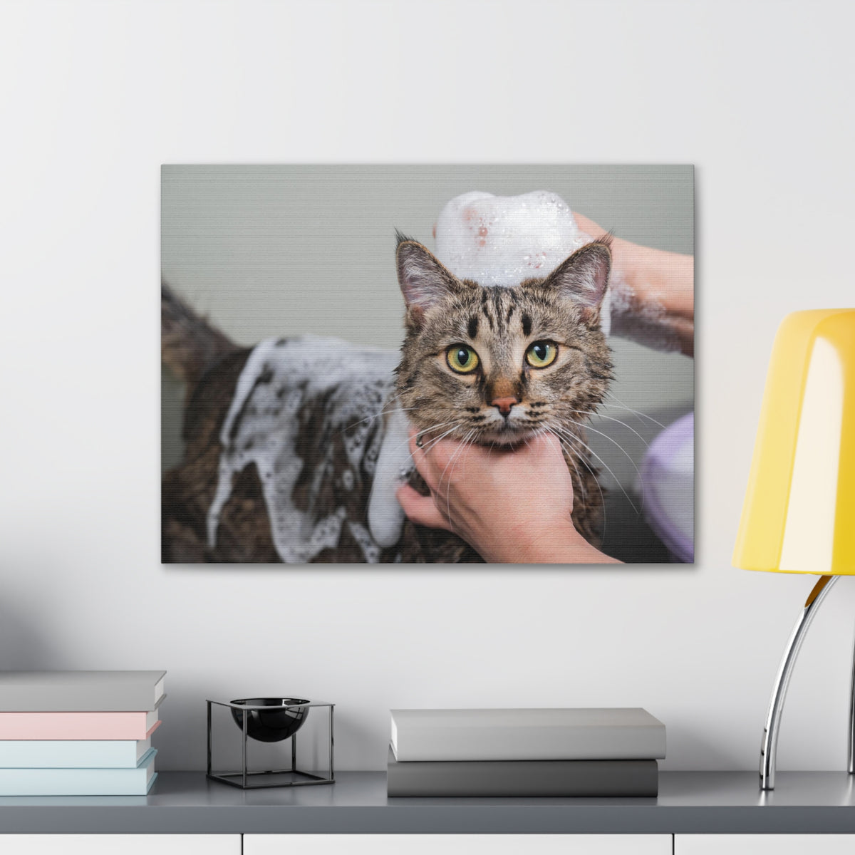 Cute Gray Cat Bath Canvas Wall Art for Home Decor Ready-to-Hang-Express Your Love Gifts