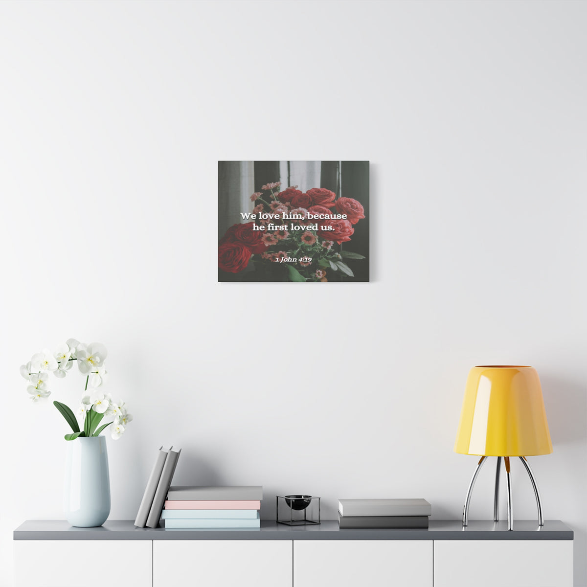 Scripture Canvas Because He First Loved Us 1 John 4:19 Christian Wall Art Bible Verse Print Ready to Hang-Express Your Love Gifts