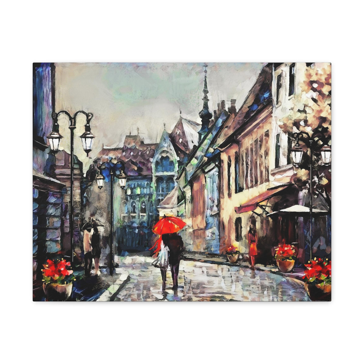 Paris Street View Couple With Red Umbrella France Canvas Artwork High-Quality Breathtaking French City for Home Decor Ready to Hang-Express Your Love Gifts