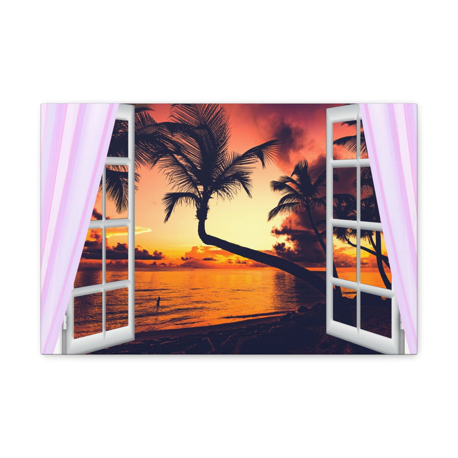 Canvas Print Wall Art Window Sunset Palm Tree View Nature Photography Realism Scenic Landscape Colorful Multicolor for Home Decor Ready to Hang-Express Your Love Gifts