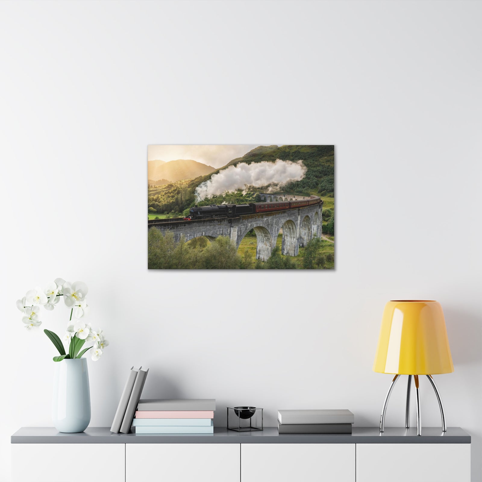 Steam Train Running On Scottish Highlands Modern Multicolor Scenic Nature Photography Canvas Home Office Decor Ready to Hang-Express Your Love Gifts
