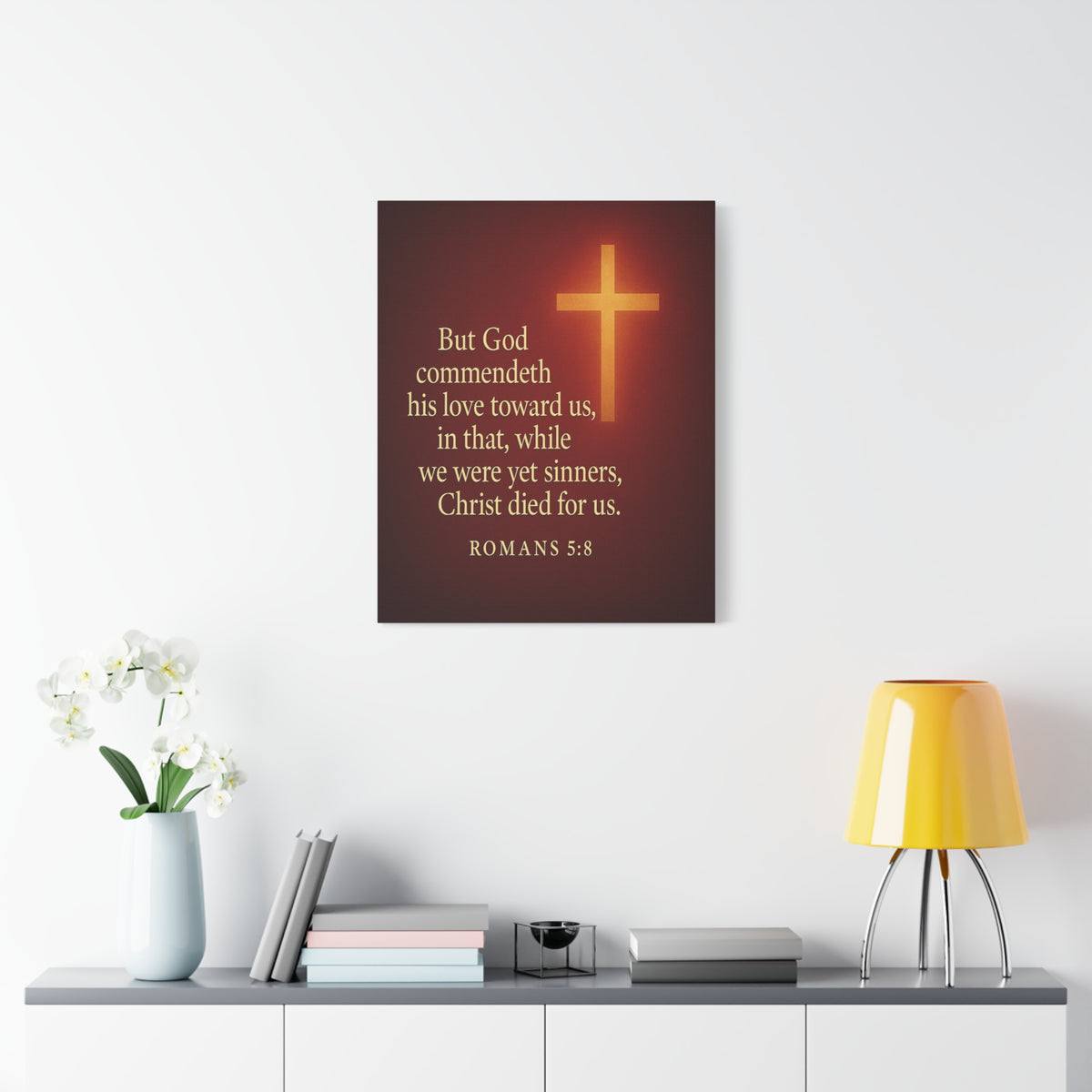 Bible Verse Canvas Romans 5:8 Christian Home Décor Wall Art Scripture Ready to Hang Faith Print-Express Your Love Gifts