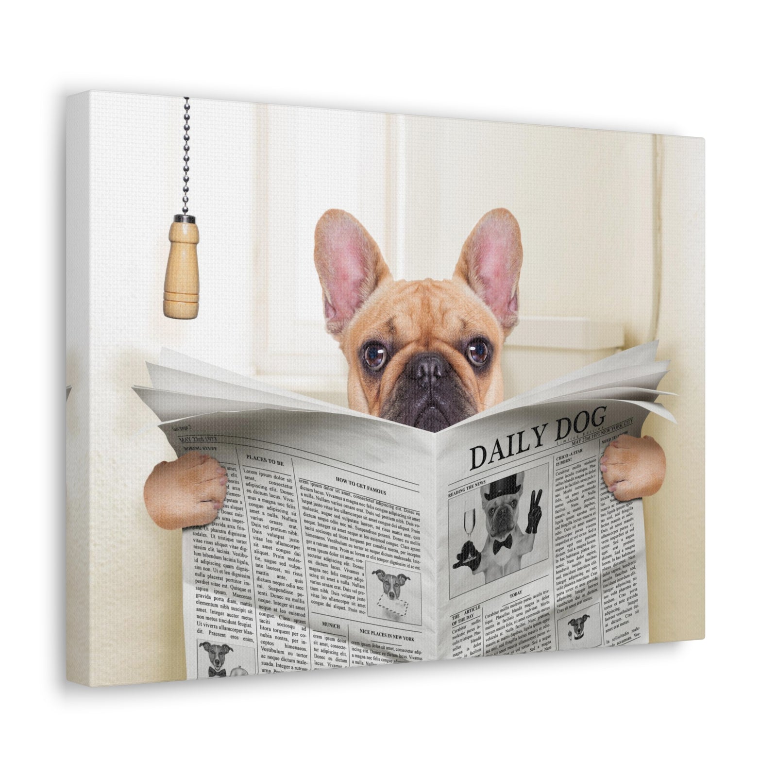 Fawn French Bulldog Reading Newspaper On Toilet Funny Canvas Wall Art for Home Decor Ready-to-Hand-Express Your Love Gifts