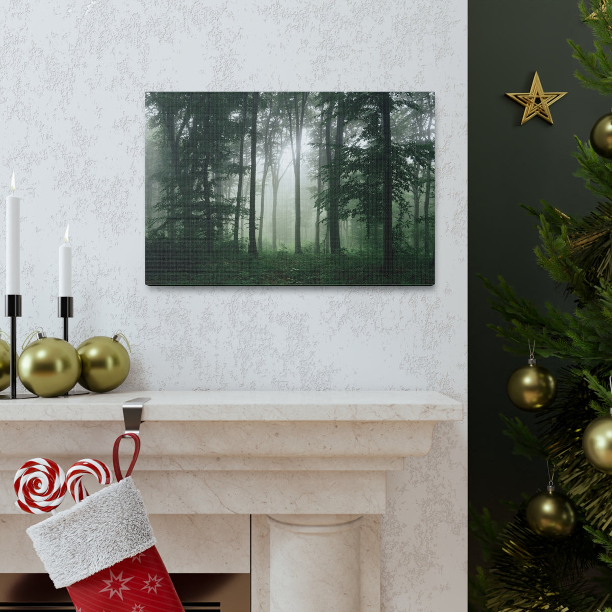 Pine Tree Misty Forest Nature Wilderness Photography Canvas Wall Art for Home Decor Ready-to-Hang-Express Your Love Gifts