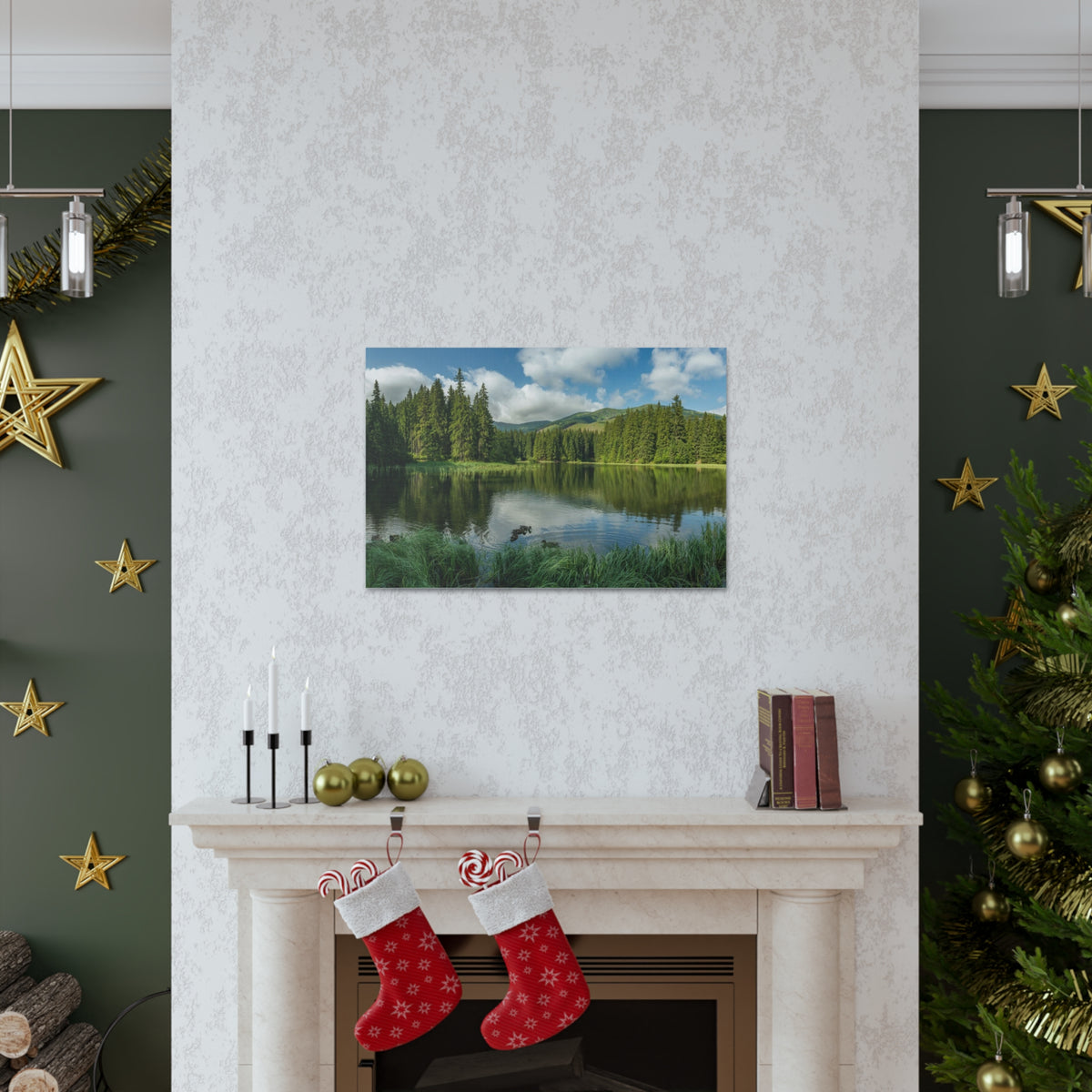 Lake Reflection Green Forest Nature Wilderness Photography Canvas Wall Art for Home Decor Ready-to-Hang-Express Your Love Gifts