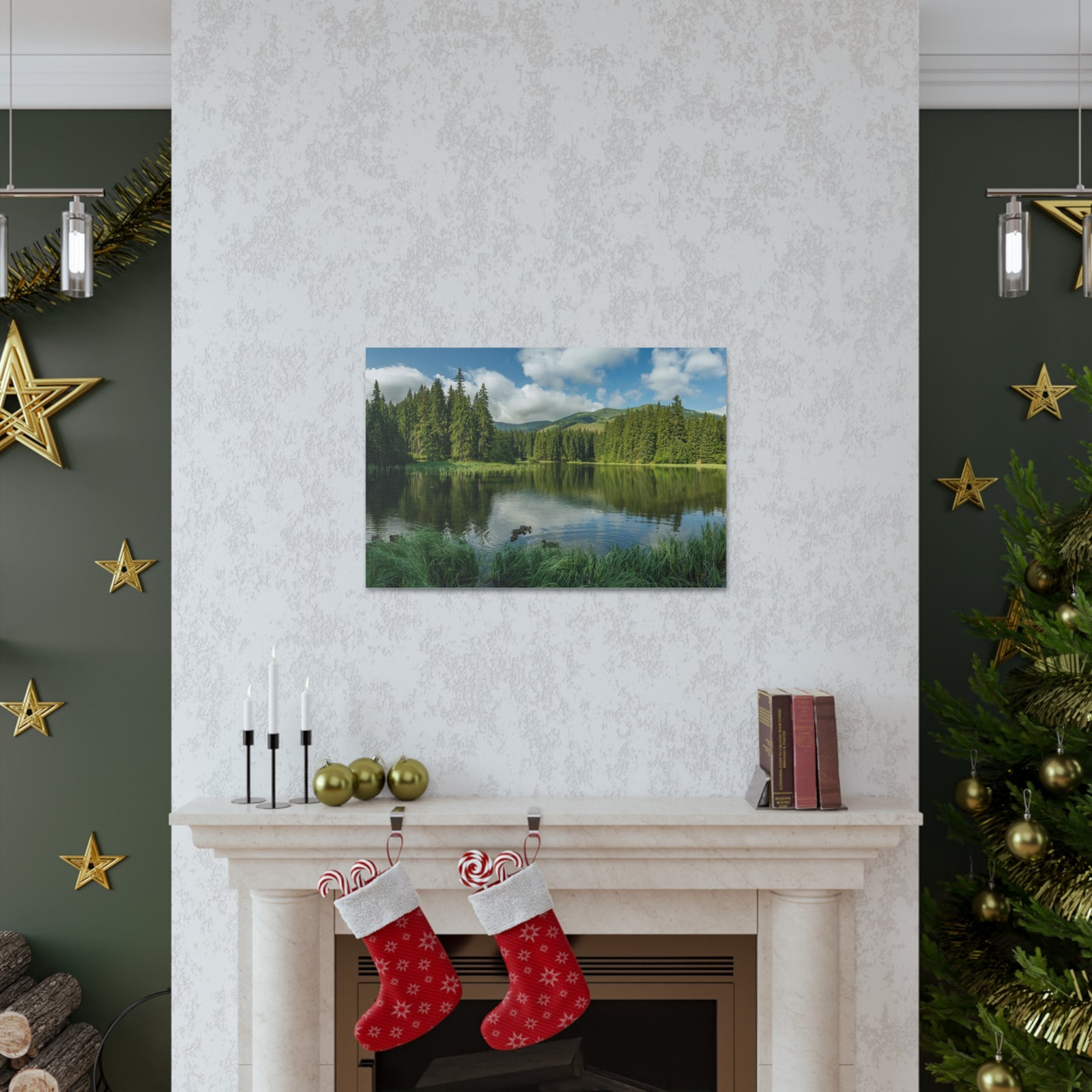 Lake Reflection Green Forest Nature Wilderness Photography Canvas Wall Art for Home Decor Ready-to-Hang-Express Your Love Gifts