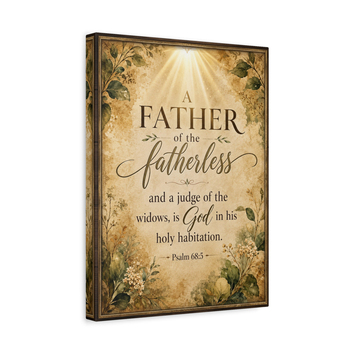 A vertical canvas wall art print featuring a Bible verse from Psalm 68:5, 'A Father of the fatherless and a judge of the widows is God in his holy habitation,' with a vintage-style aged parchment background, floral illustrations, and a spotlight effect at the top. The canvas is shown at a slight angle with a drop shadow on a plain white background.