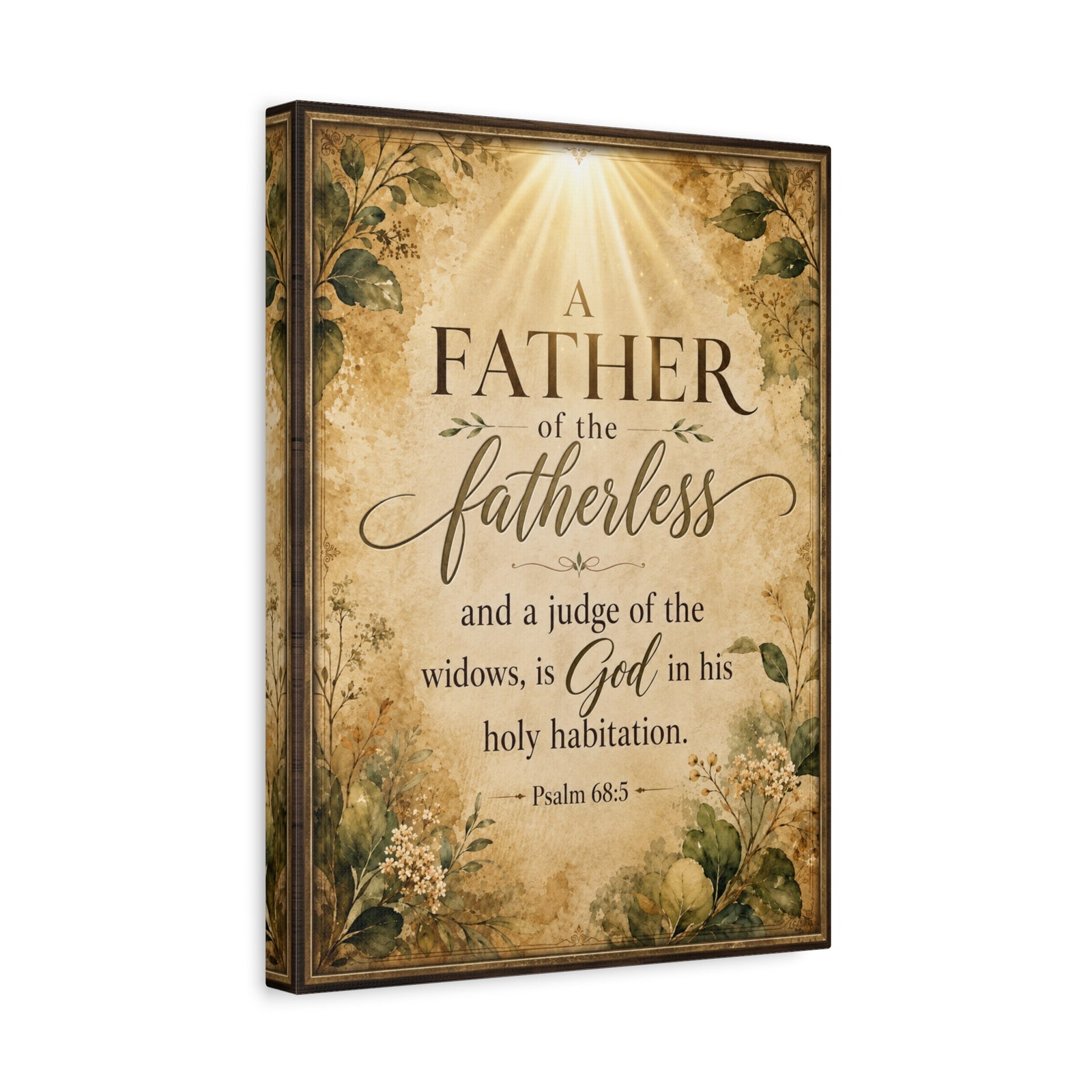 A vertical canvas wall art print featuring a Bible verse from Psalm 68:5, 'A Father of the fatherless and a judge of the widows is God in his holy habitation,' with a vintage-style aged parchment background, floral illustrations, and a spotlight effect at the top. The canvas is shown at a slight angle with a drop shadow on a plain white background.