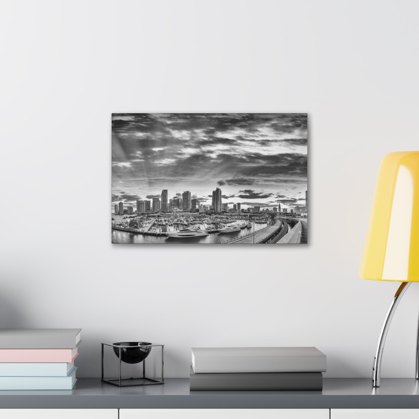 Miami Black And White Skyline Canvas Artwork High-Quality Breathtaking Stunning Cityscape for Home Decor Ready to Hang-Express Your Love Gifts