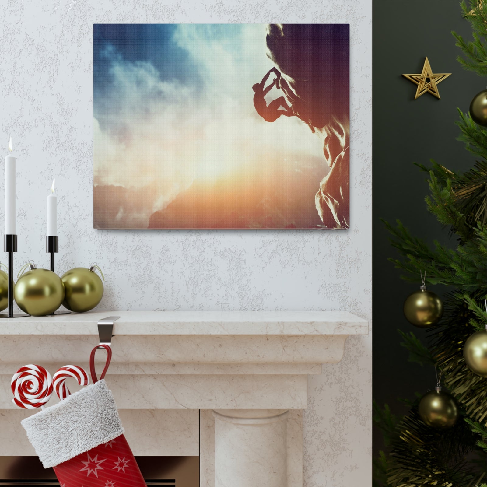 Man Climbing Rock Mountain Nature Wilderness Photography Canvas Wall Art for Home Decor Ready-to-Hang-Express Your Love Gifts