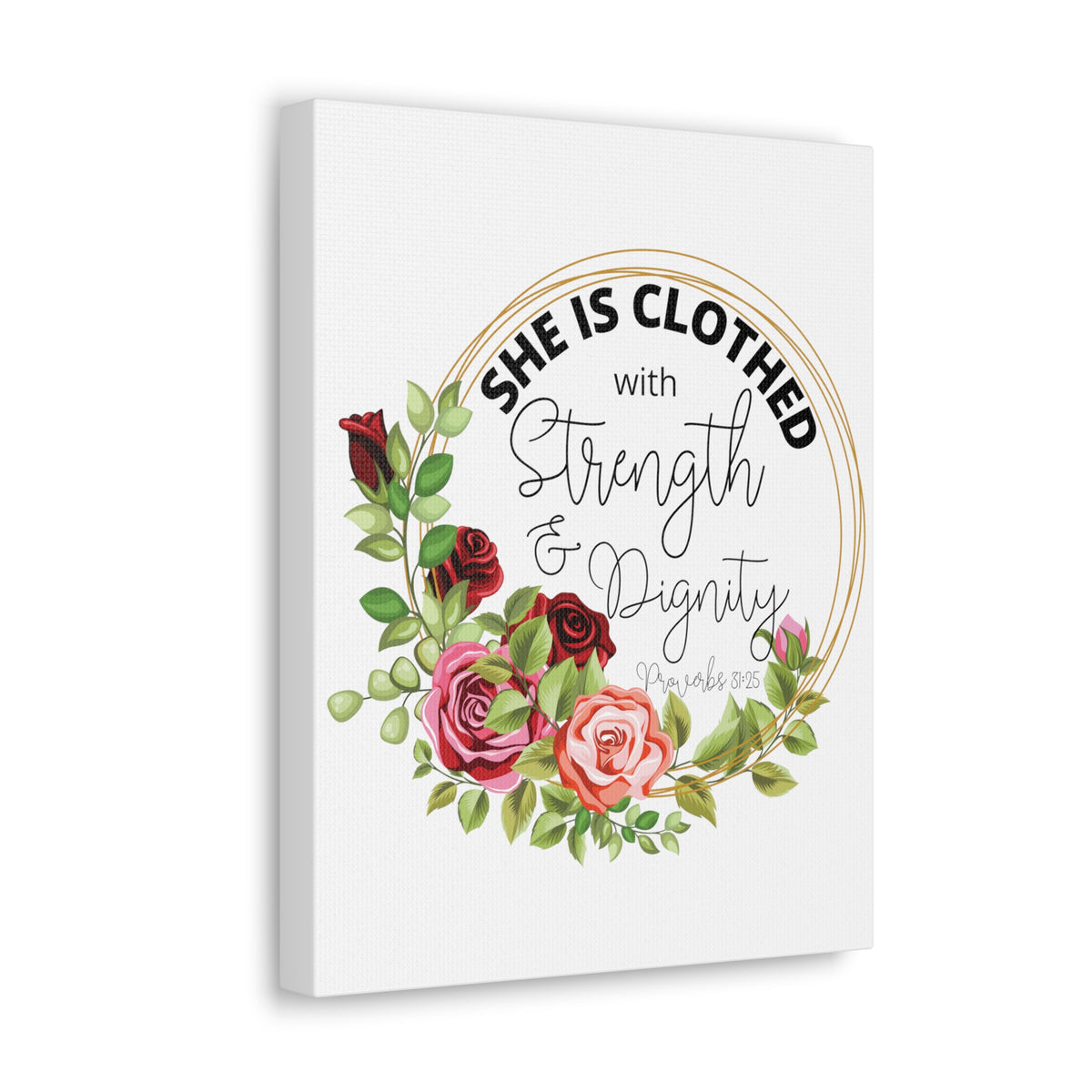 Scripture Walls Proverbs 31:25 Strength and Dignity Floral Wreath Bible Verse Canvas Christian Wall Art Ready to Hang Unframed-Express Your Love Gifts