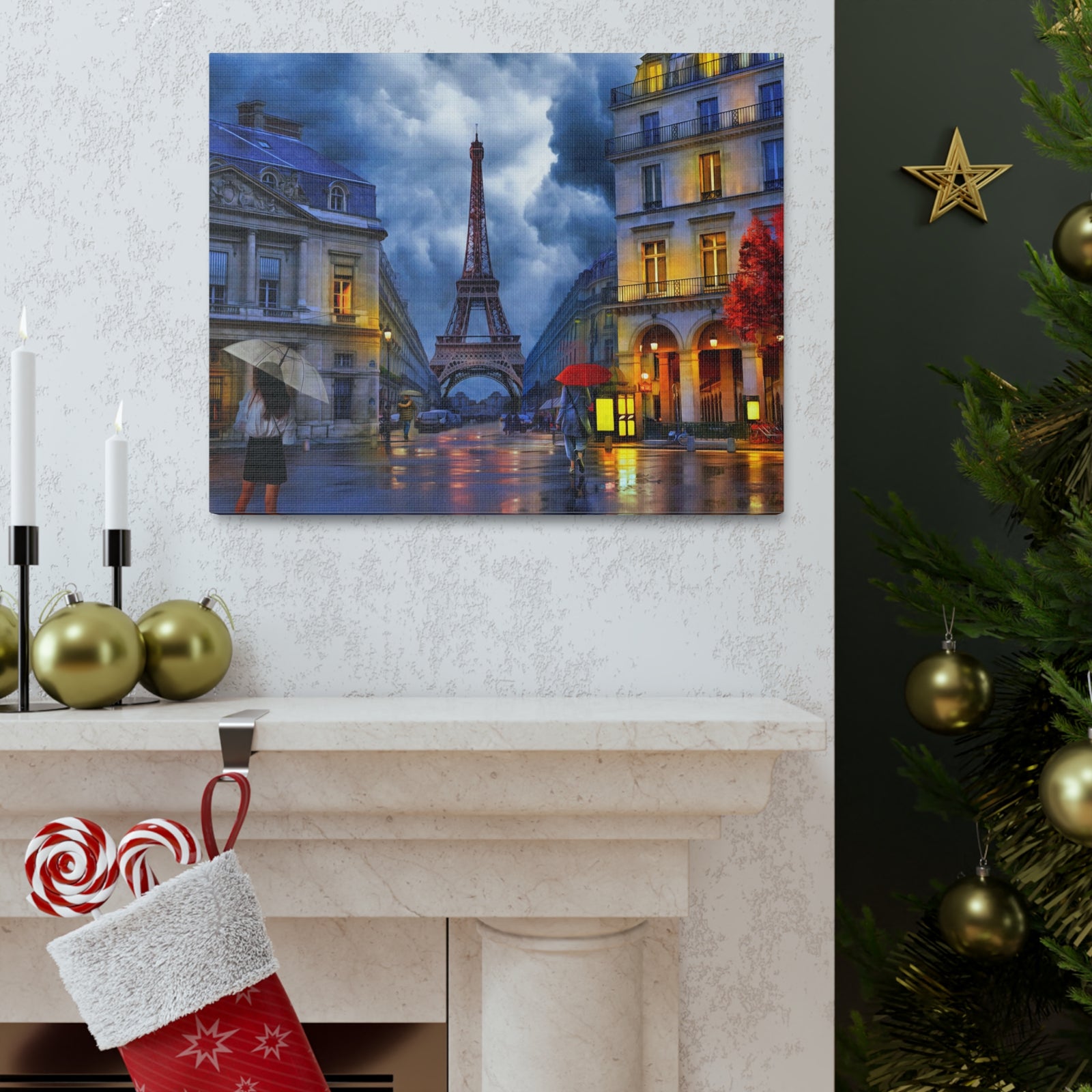 Paris Street View Red Umbrella Eiffel Tower France Canvas Artwork High-Quality Breathtaking French City for Home Decor Ready to Hang-Express Your Love Gifts
