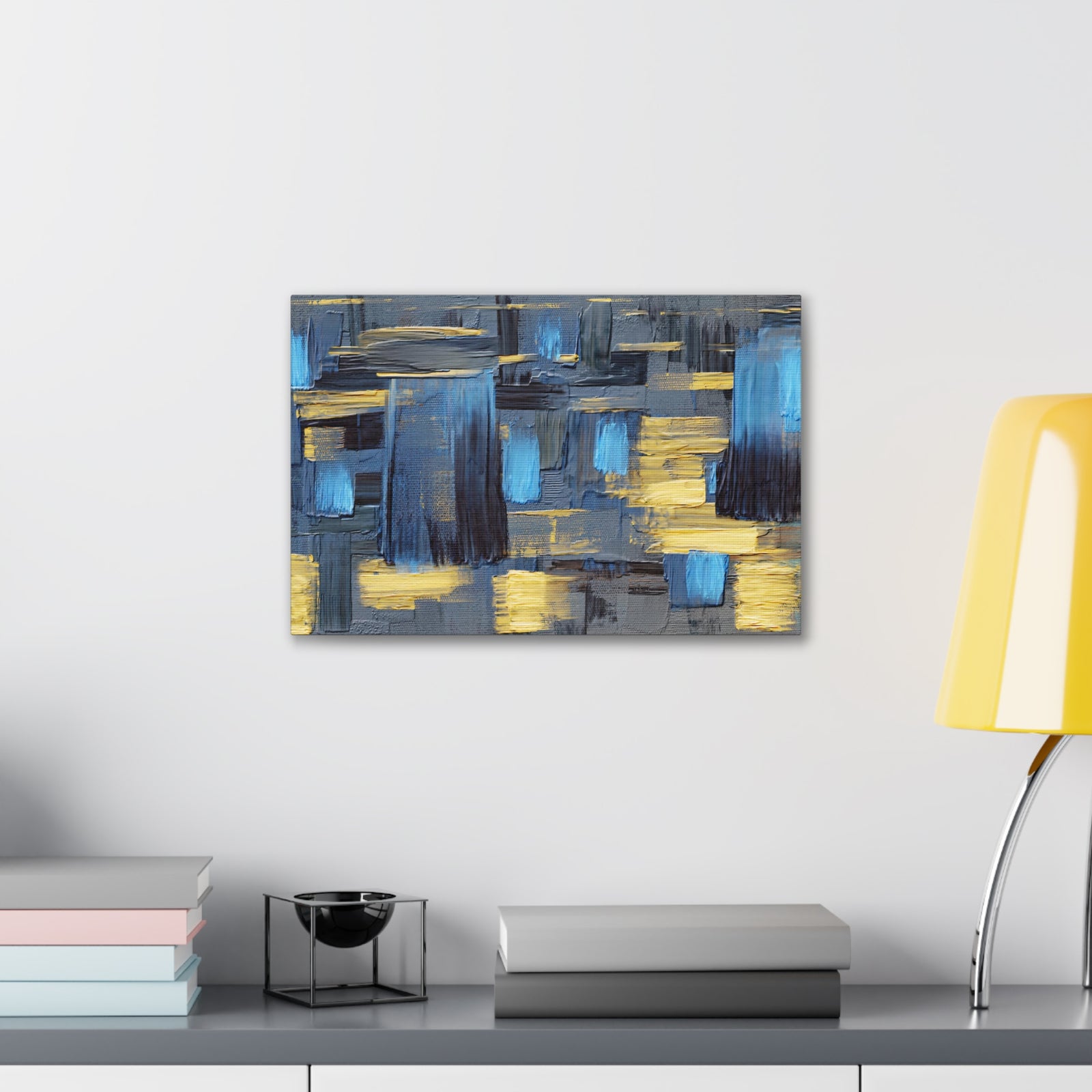 Textured Abstract Acrylic Painting Hand Painted Blue Black Yellow Canvas Wall Art for Home Decor Ready-to-Hang-Express Your Love Gifts