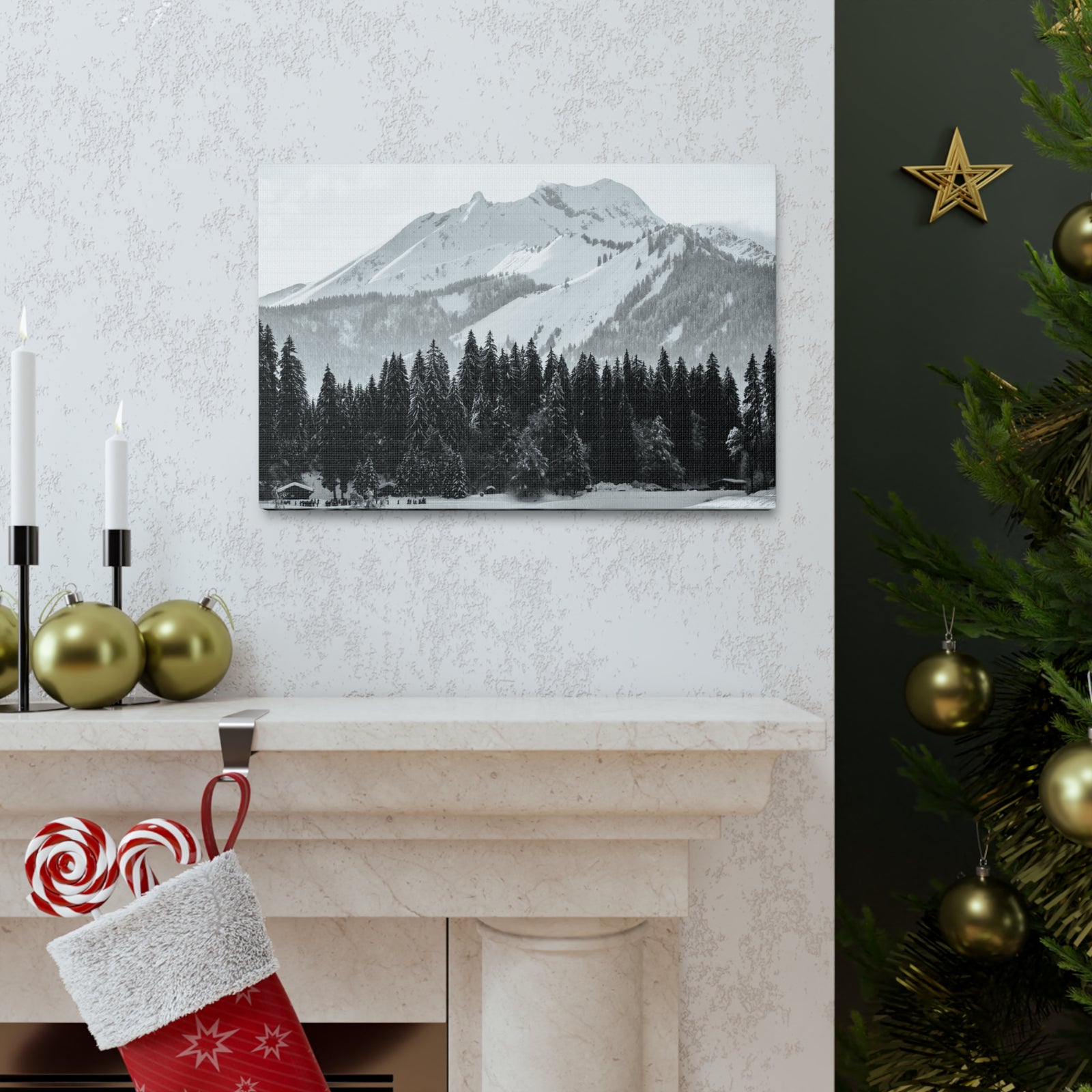 Winter Forest Mountain Black And White Nature Wilderness Photography Canvas Wall Art for Home Decor Ready-to-Hang-Express Your Love Gifts