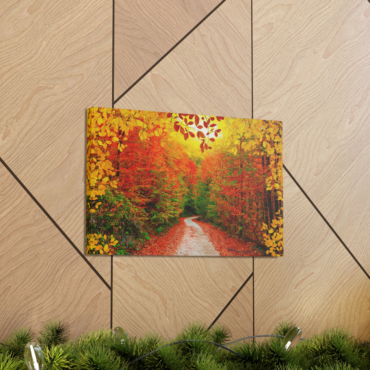 Autumn Fall Orange Leaf Forest Tree Trail Nature Wilderness Photography Canvas Wall Art for Home Decor Ready-to-Hang-Express Your Love Gifts