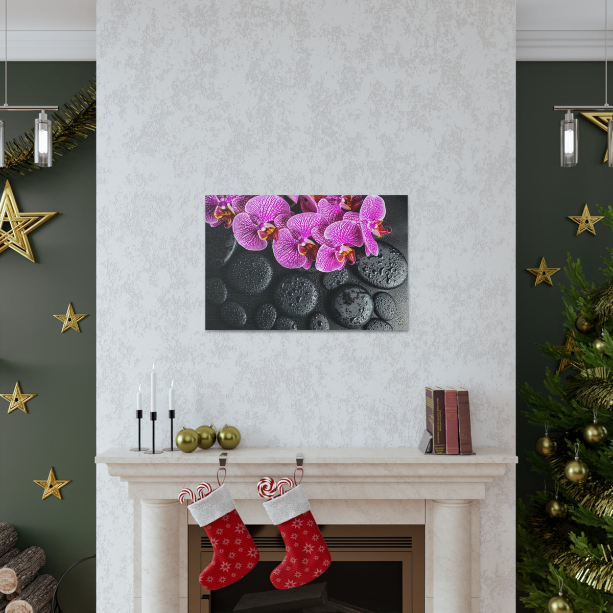 Violet Orchid on Stones Forest Floral Nature Photography Canvas Wall Art for Home Decor Ready-to-Hang-Express Your Love Gifts