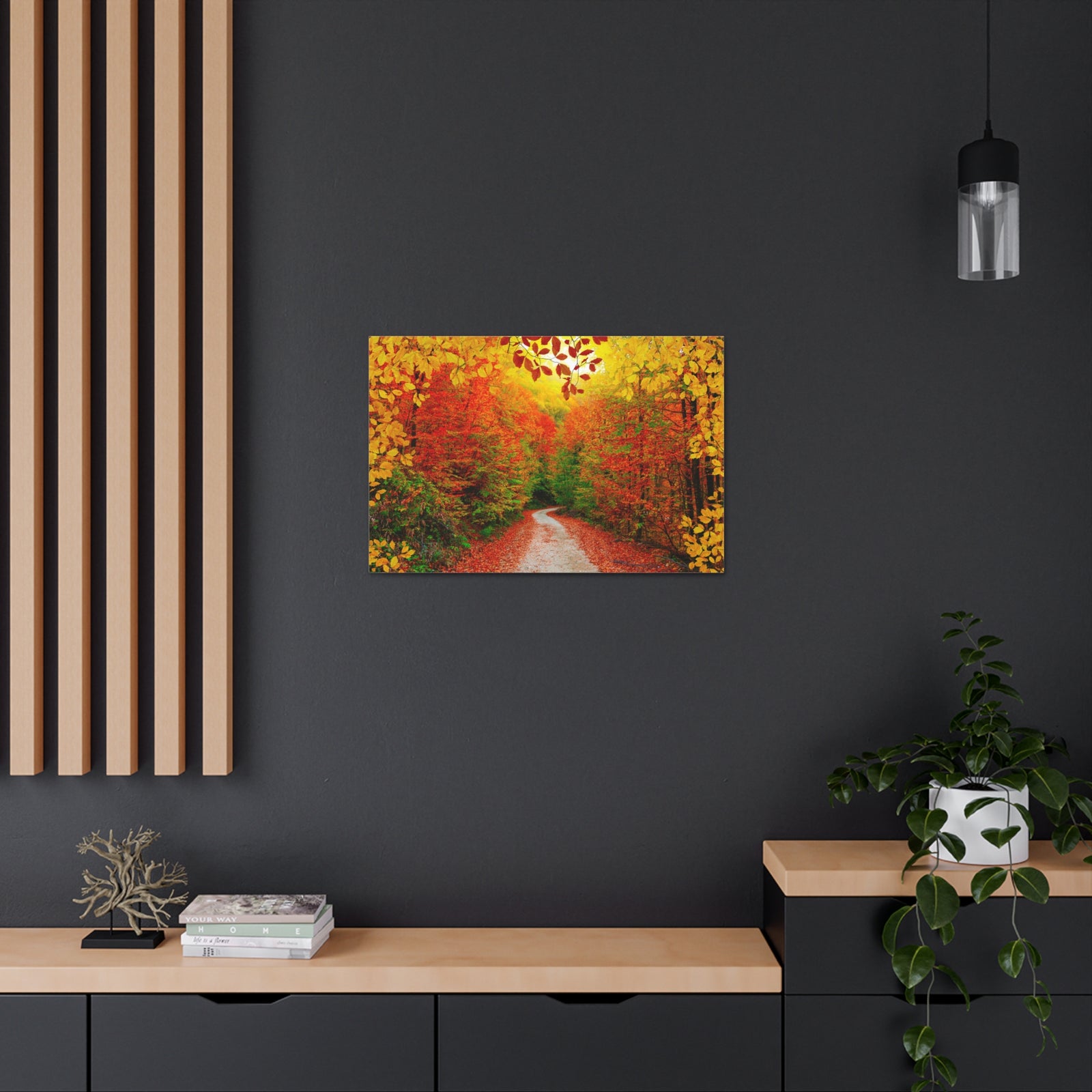 Autumn Fall Orange Leaf Forest Tree Trail Nature Wilderness Photography Canvas Wall Art for Home Decor Ready-to-Hang-Express Your Love Gifts