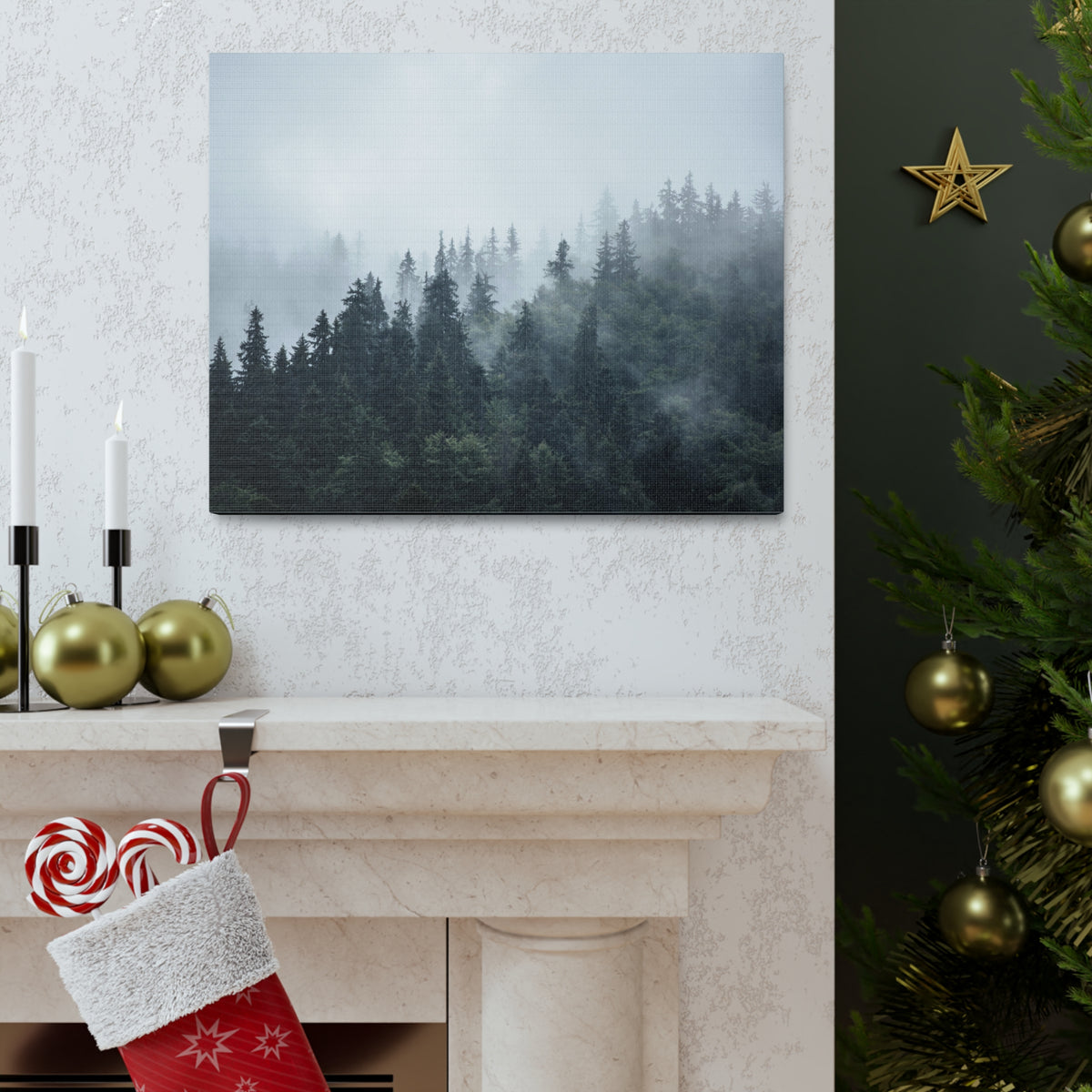 Foggy Pine Tree Green Forest Nature Wilderness Photography Canvas Wall Art for Home Decor Ready-to-Hang-Express Your Love Gifts