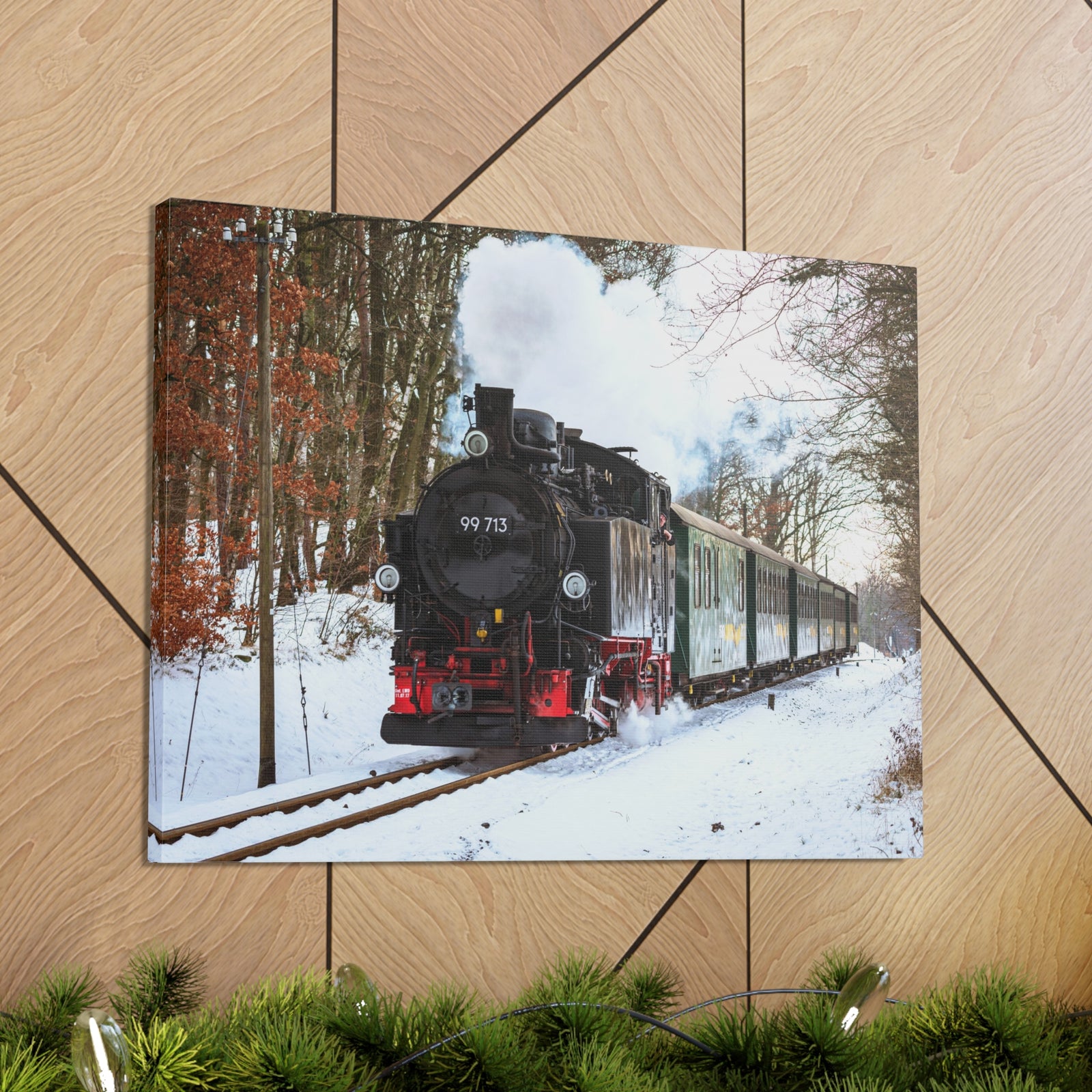 Steam Train Winter White Smoke Modern Multicolor Scenic Nature Photography Canvas Home Office Decor Ready to Hang-Express Your Love Gifts