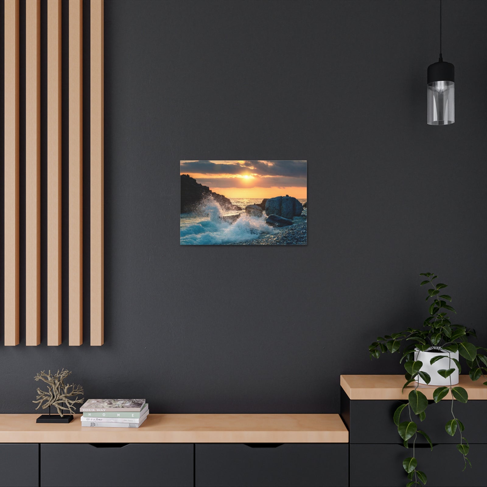 Sea Ocean Wave Hit Rock Beach Sunset Seascape Ocean Canvas Wall Art for Home Decor Ready-to-Hang-Express Your Love Gifts