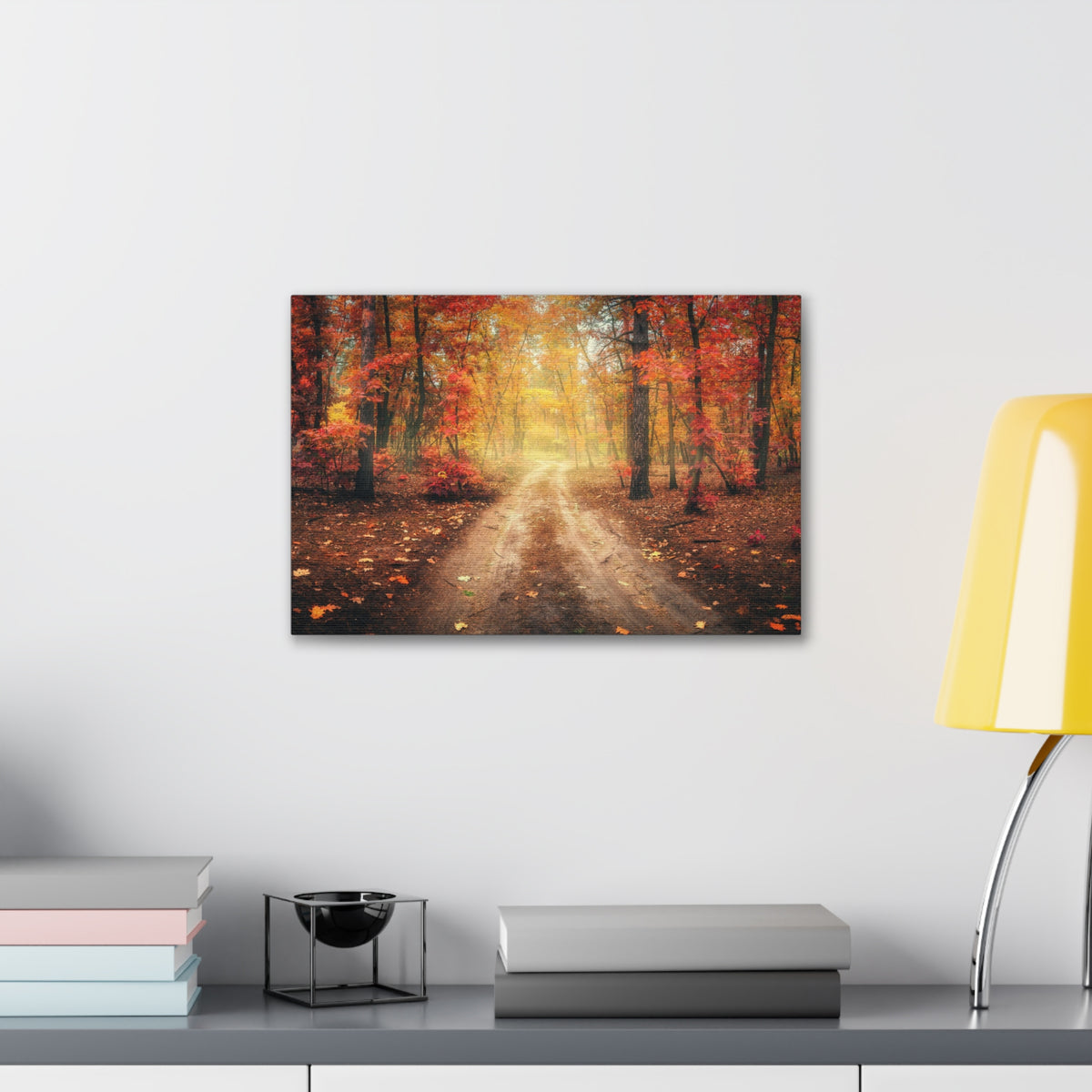 Autumn Forest Misty Orange Tree Path Nature Wilderness Photography Canvas Wall Art for Home Decor Ready-to-Hang-Express Your Love Gifts