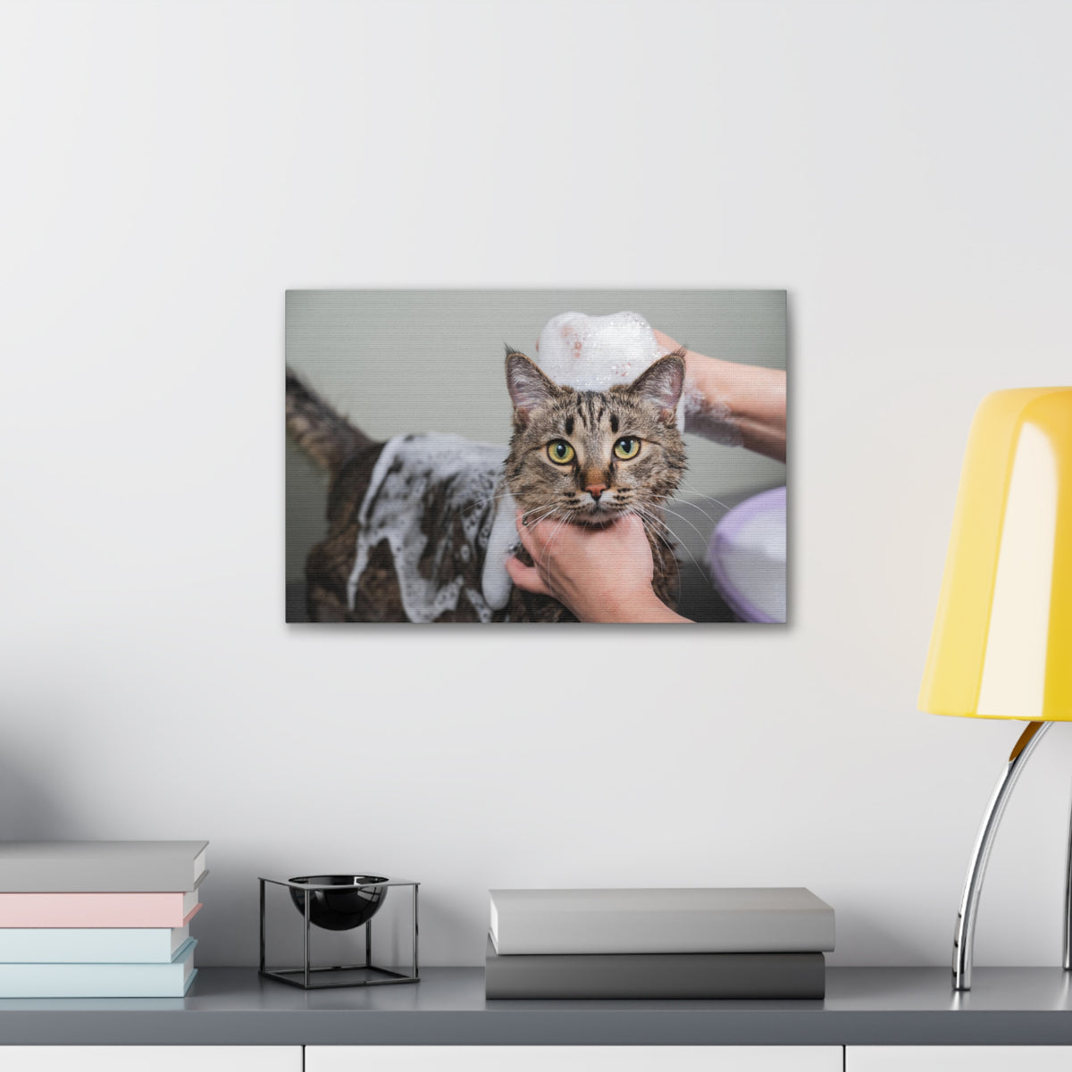 Cute Tabby Gray Cat Bathee Canvas Wall Art for Home Decor Ready-to-Hang-Express Your Love Gifts