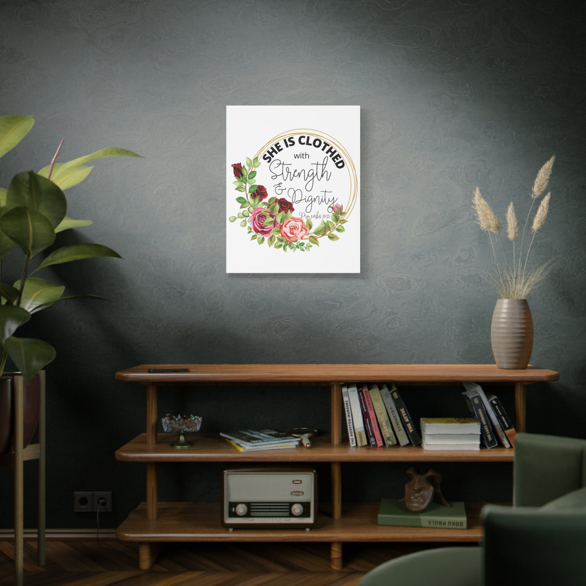 Scripture Walls Proverbs 31:25 Strength and Dignity Floral Wreath Bible Verse Canvas Christian Wall Art Ready to Hang Unframed-Express Your Love Gifts