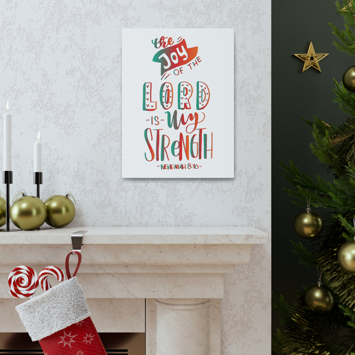 Scripture Canvas The Joy Of The Lord Nehemiah 8:10 Christian Wall Art Bible Verse Print Ready To Hang-Express Your Love Gifts