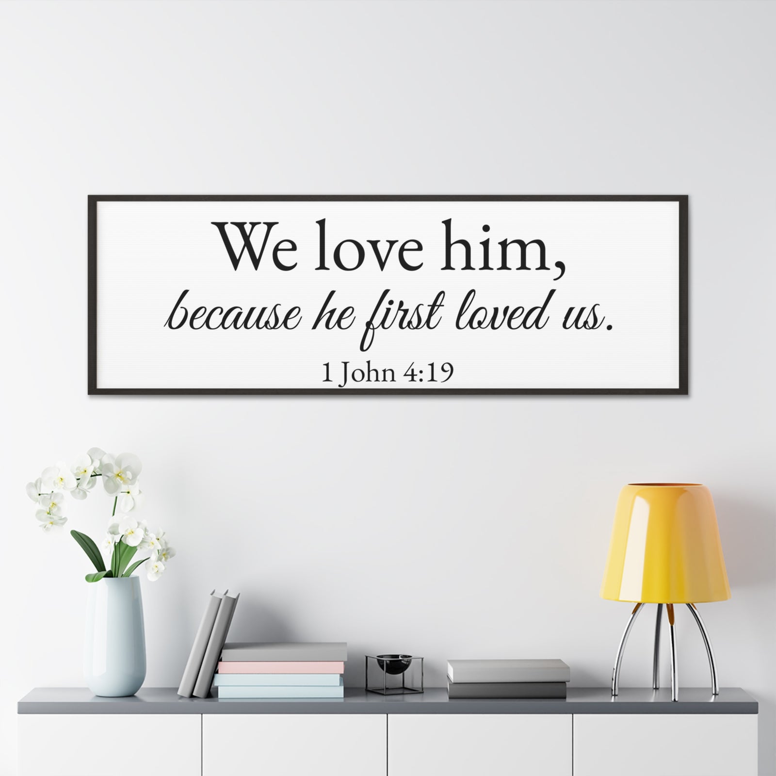 Scripture Walls 1 John 4:19 White Bible Verse Canvas Christian Wall Art Ready to Hang Unframed-Express Your Love Gifts