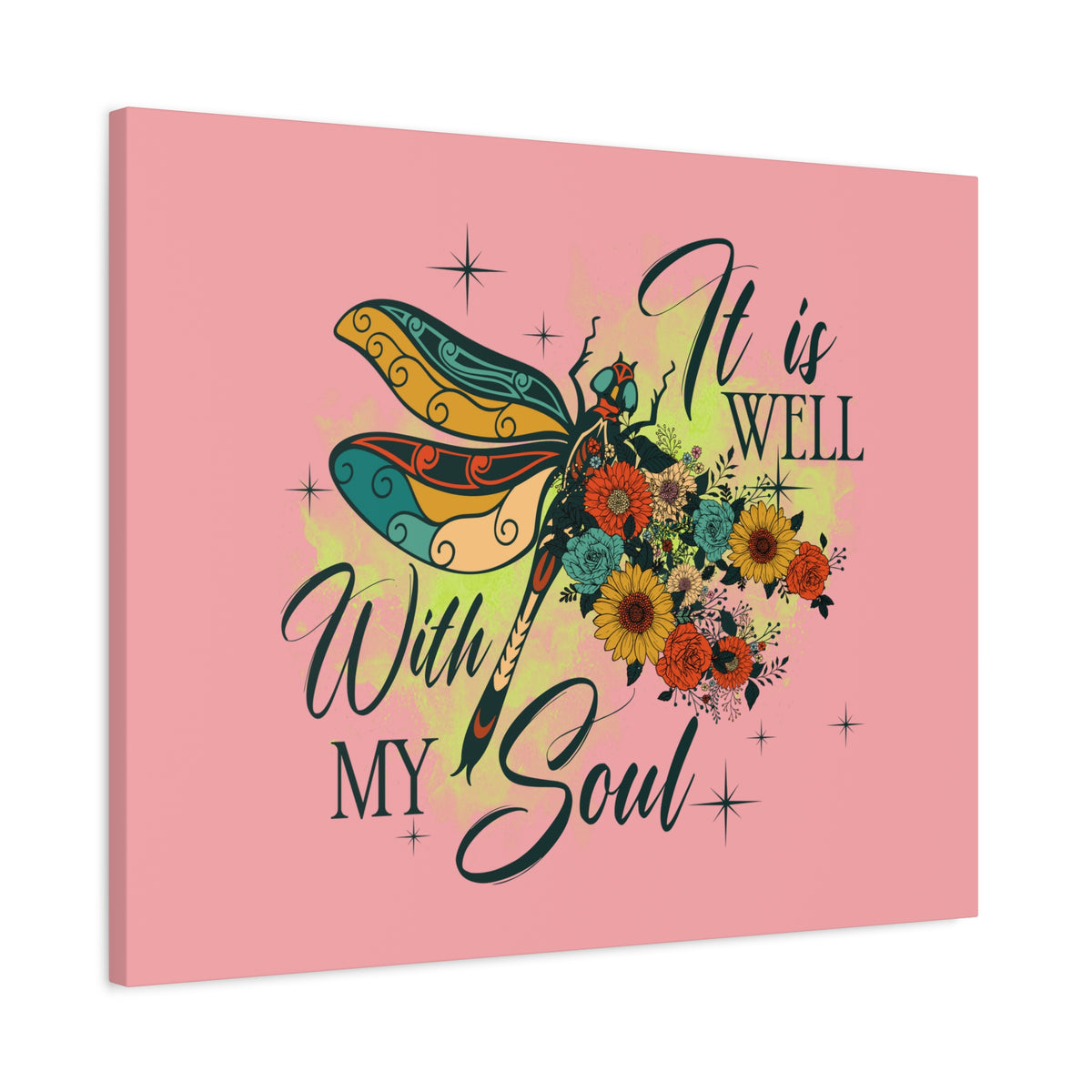 Scripture Canvas It Is Well Psalm 42:7 Dragonfly Green Christian Wall Art Bible Verse Print Ready to Hang-Express Your Love Gifts