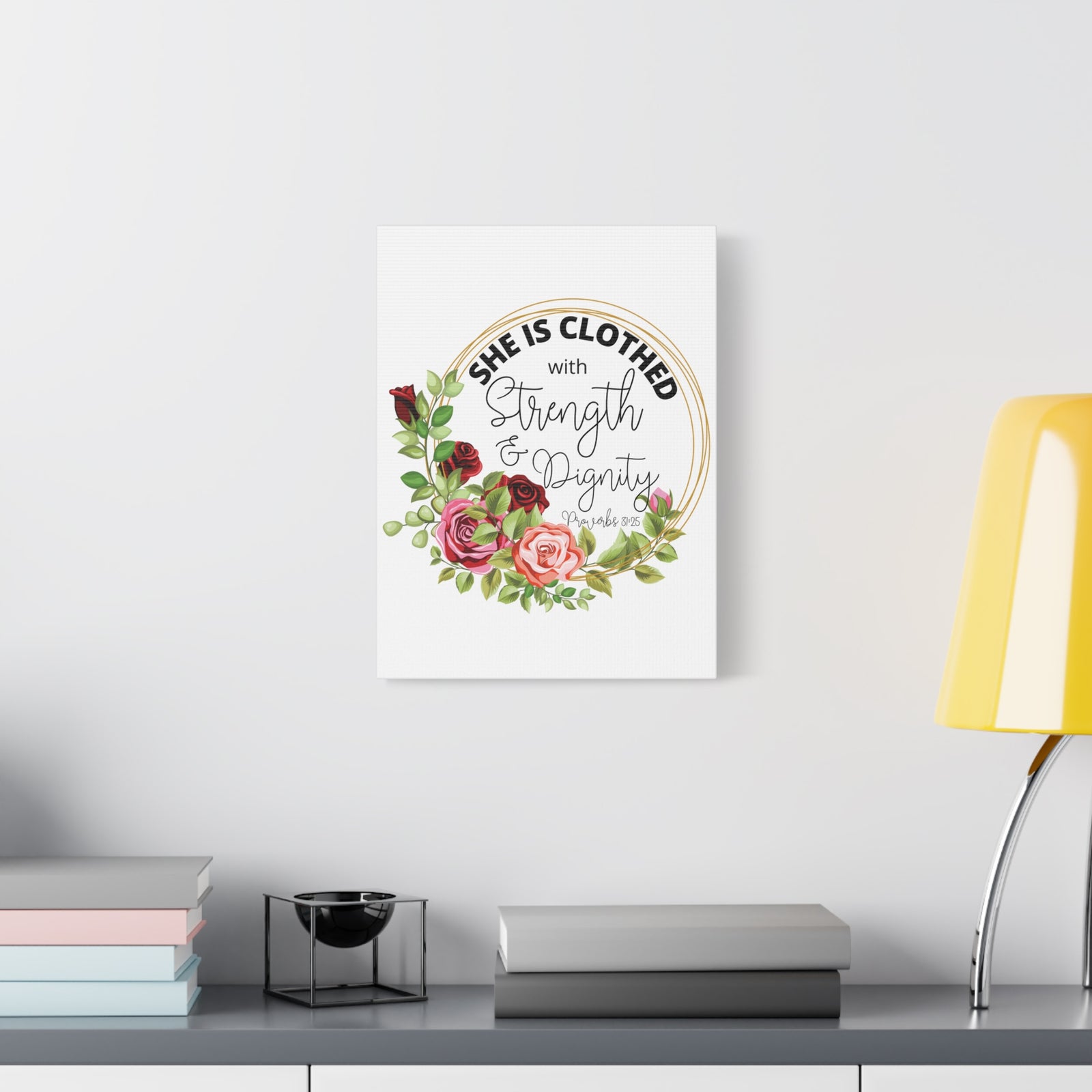 Scripture Walls Proverbs 31:25 Strength and Dignity Floral Wreath Bible Verse Canvas Christian Wall Art Ready to Hang Unframed-Express Your Love Gifts
