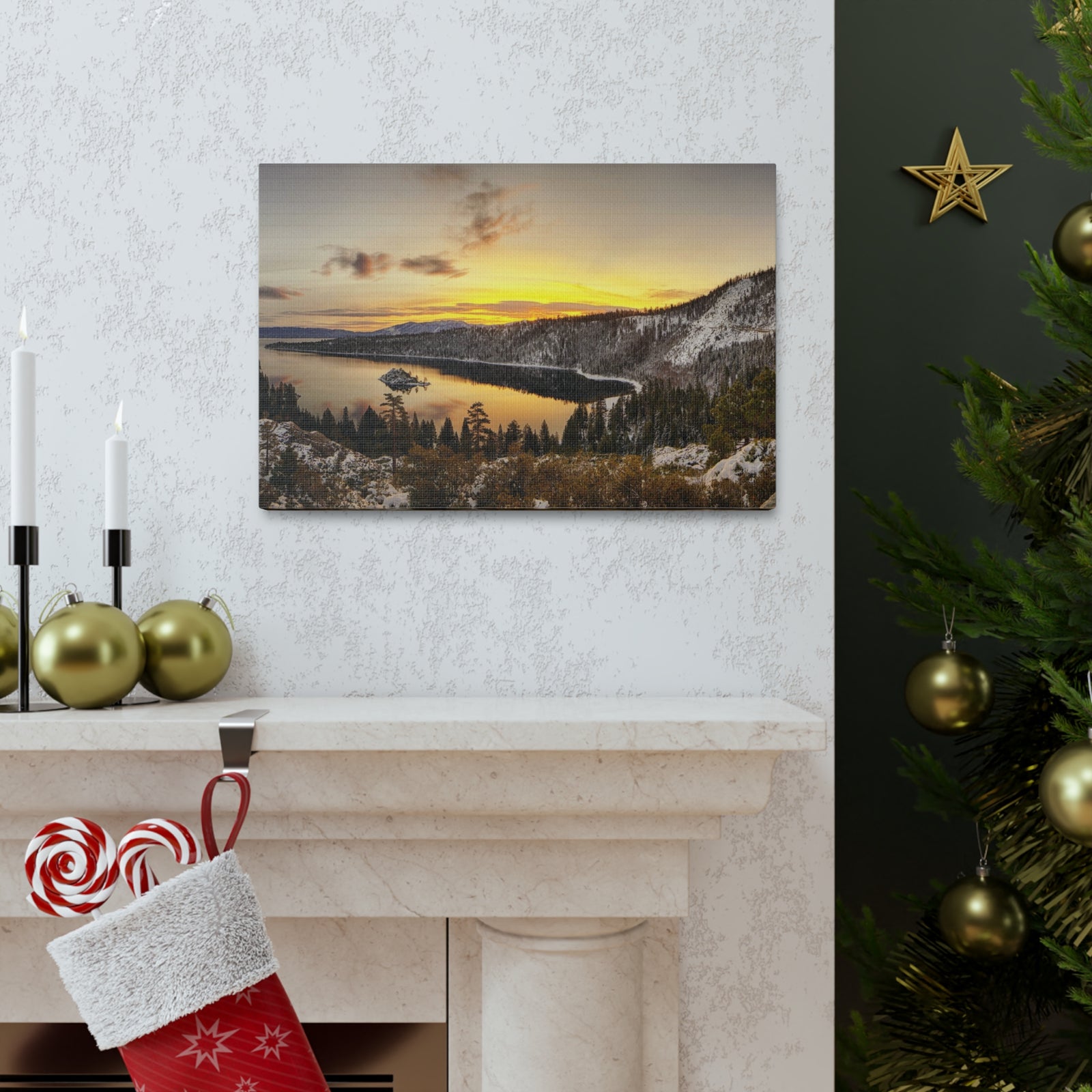 Winter Pine Tree Forest Mountain Lake Nature Wilderness Photography Canvas Wall Art for Home Decor Ready-to-Hang-Express Your Love Gifts